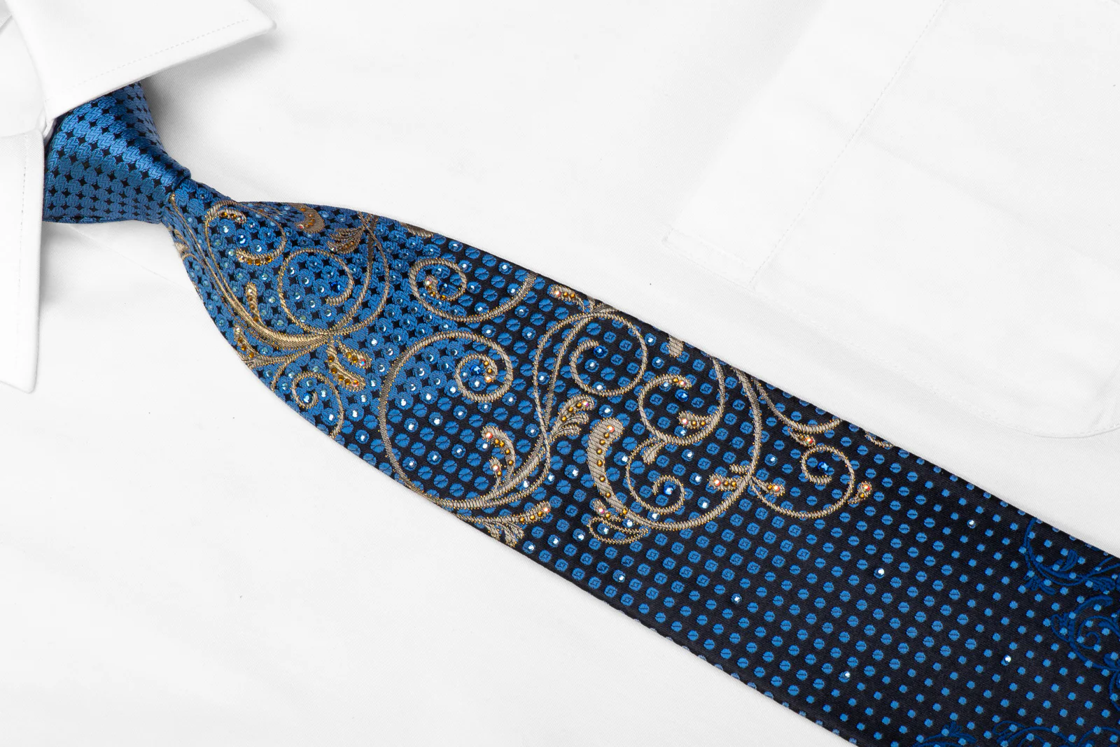 Smalto Rhinestone Silk Tie Gold Scrolls Blue Geometric On Black With Sparkles - Image 2