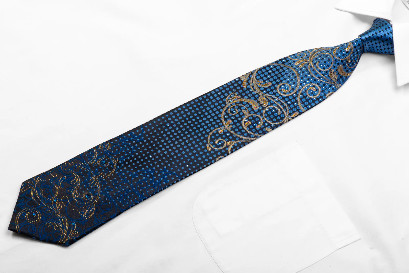 Smalto Rhinestone Silk Tie Gold Scrolls Blue Geometric On Black With Sparkles - Image 3