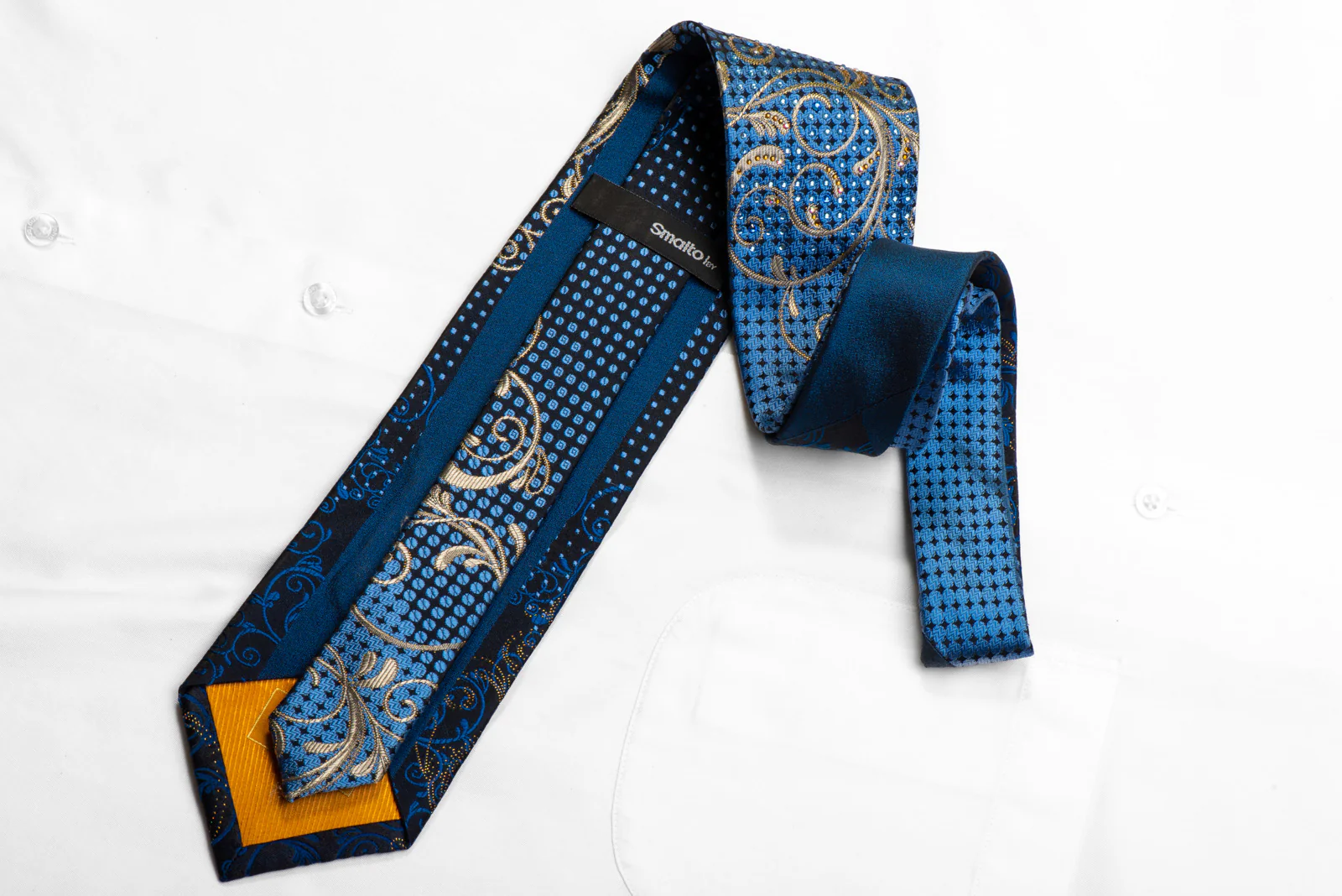 Smalto Rhinestone Silk Tie Gold Scrolls Blue Geometric On Black With Sparkles - Image 4