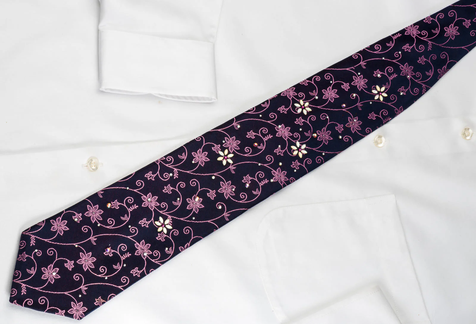 Smalto Rhinestone Tie Pink Floral On Purple With Silver Sparkles - Image 4