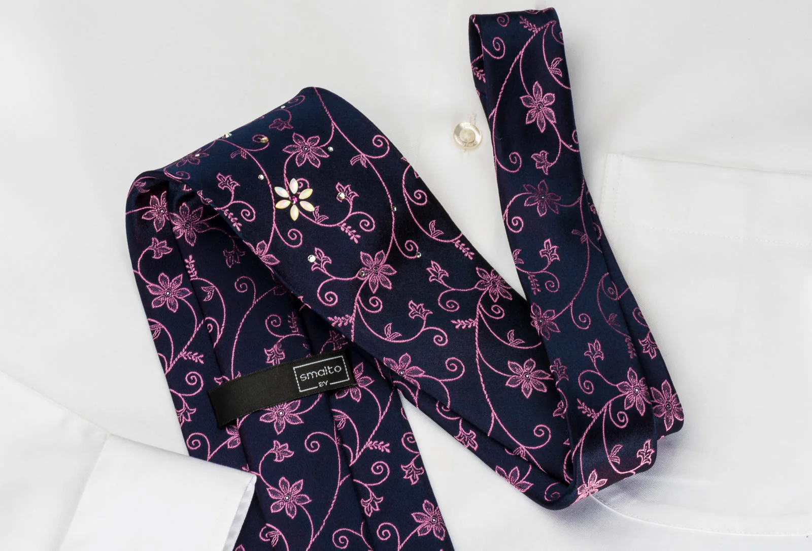 Smalto Rhinestone Tie Pink Floral On Purple With Silver Sparkles - Image 5