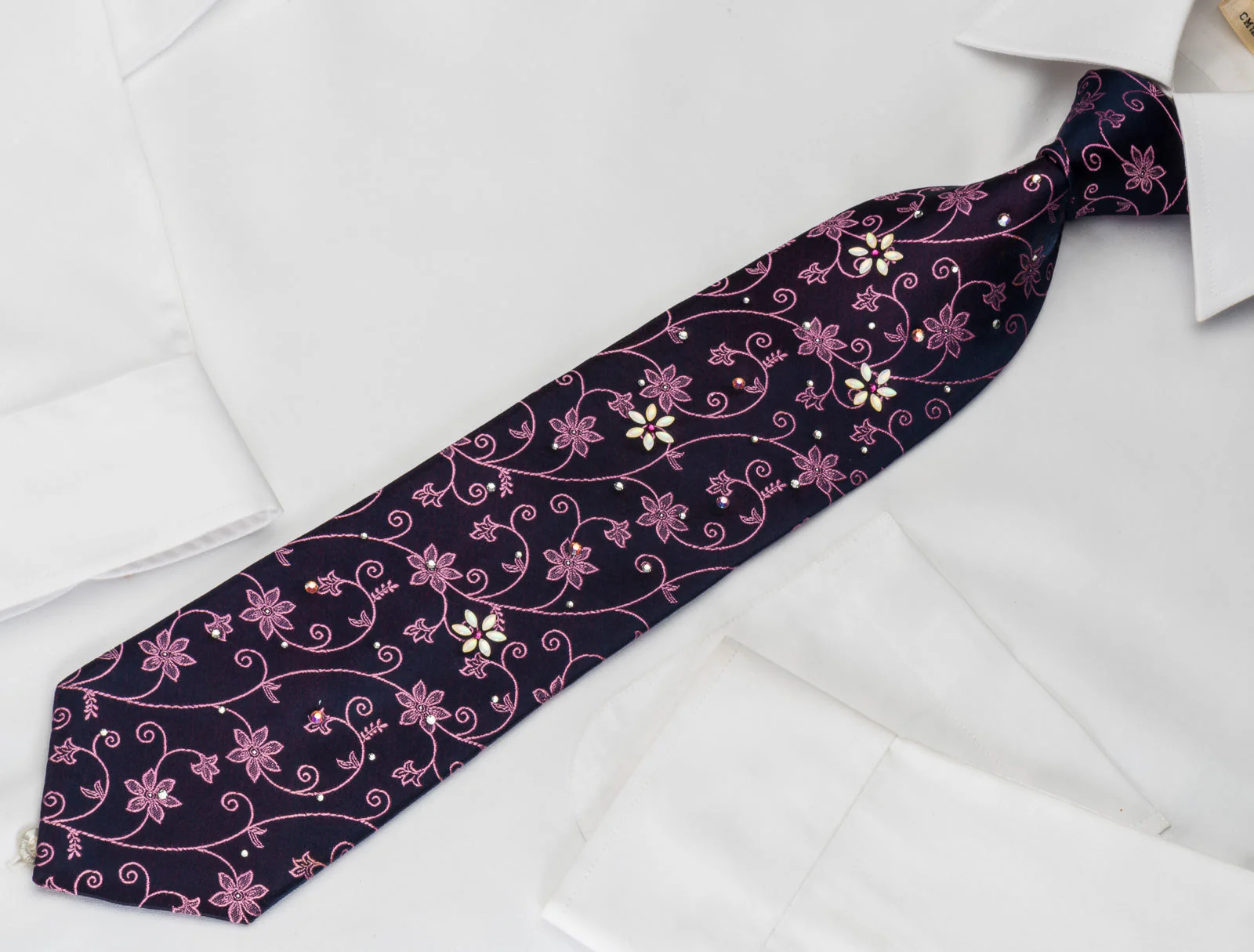 Smalto Rhinestone Tie Pink Floral On Purple With Silver Sparkles - Image 7