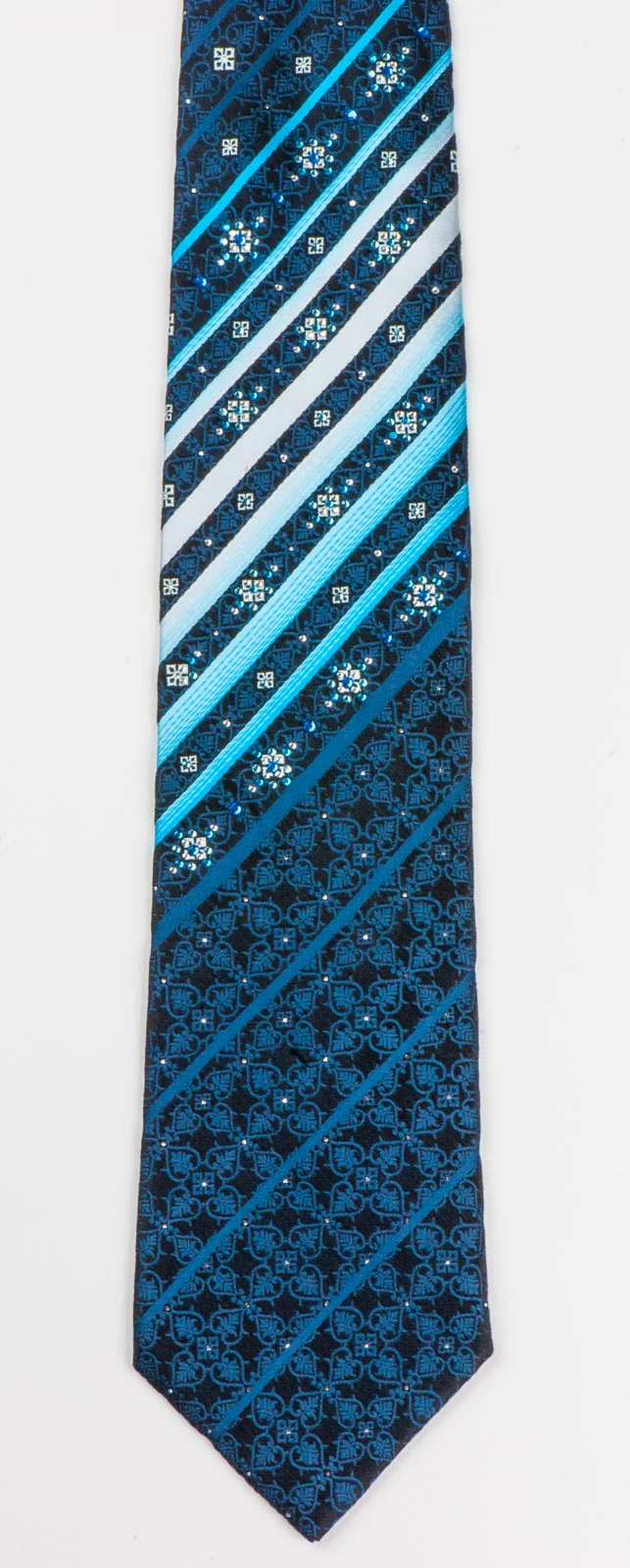Smalto Silk Necktie Blue Stripes Anthemion Motif On Black With Rhinestones - Image 2