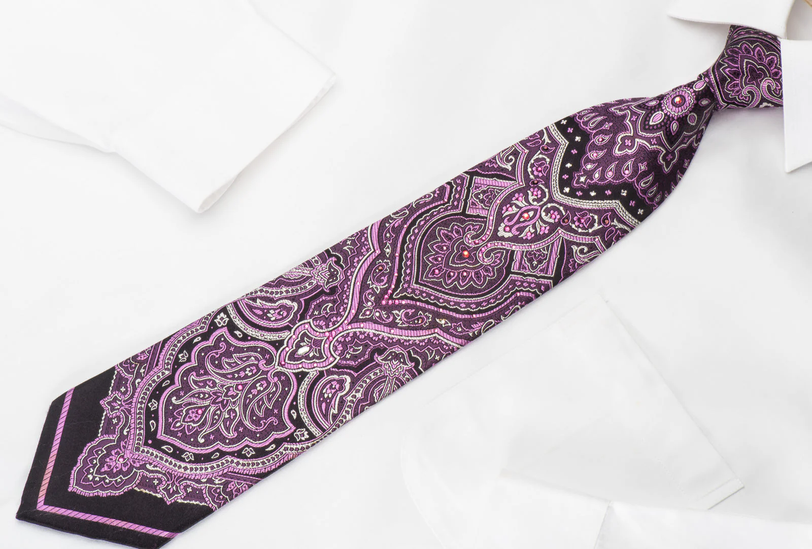 Smalto Silk Necktie Damask On Purple Sparkling With Crystal Rhinestones - Image 4