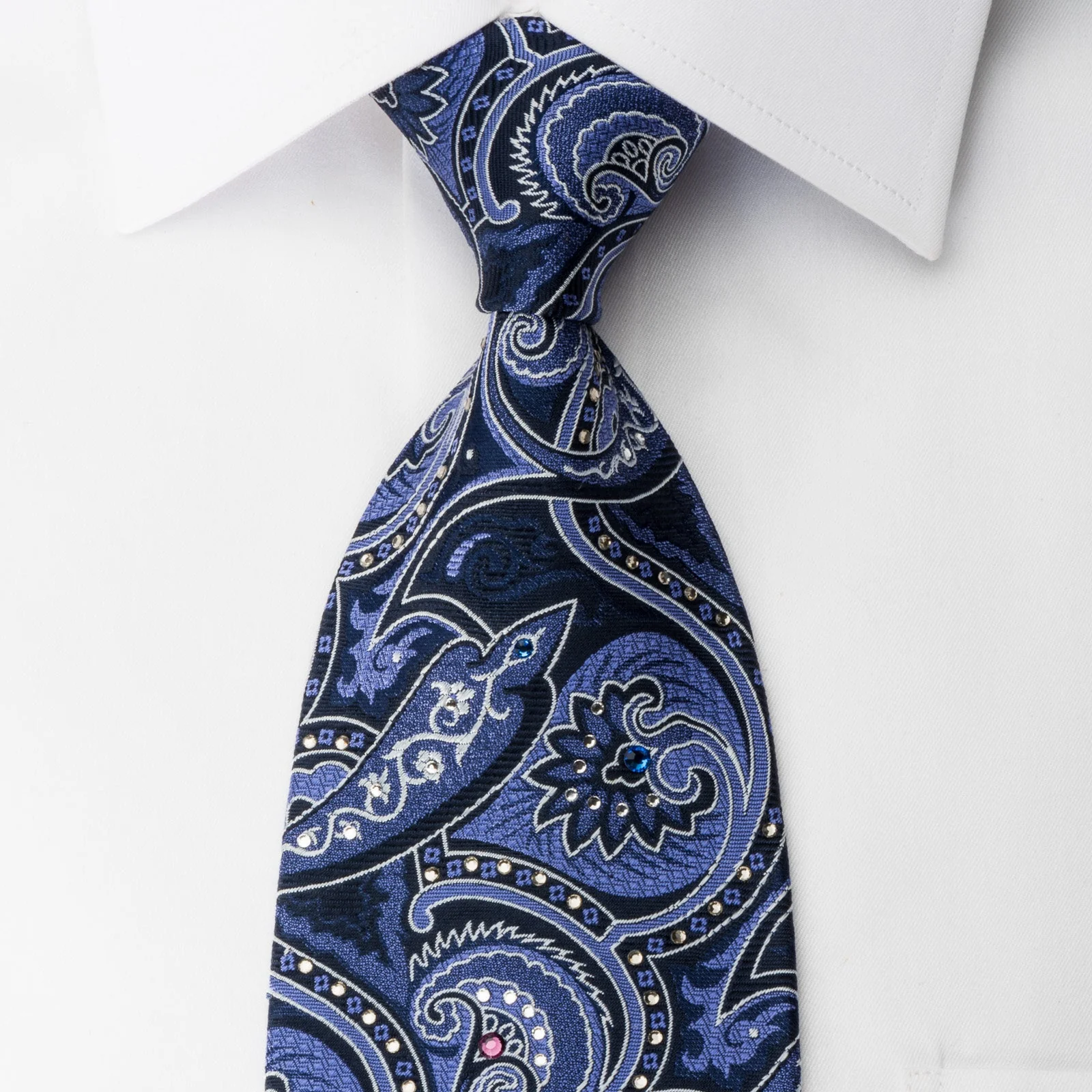 Smalto Silk Necktie Paisley Anthemion On Blue With Rhinestones
