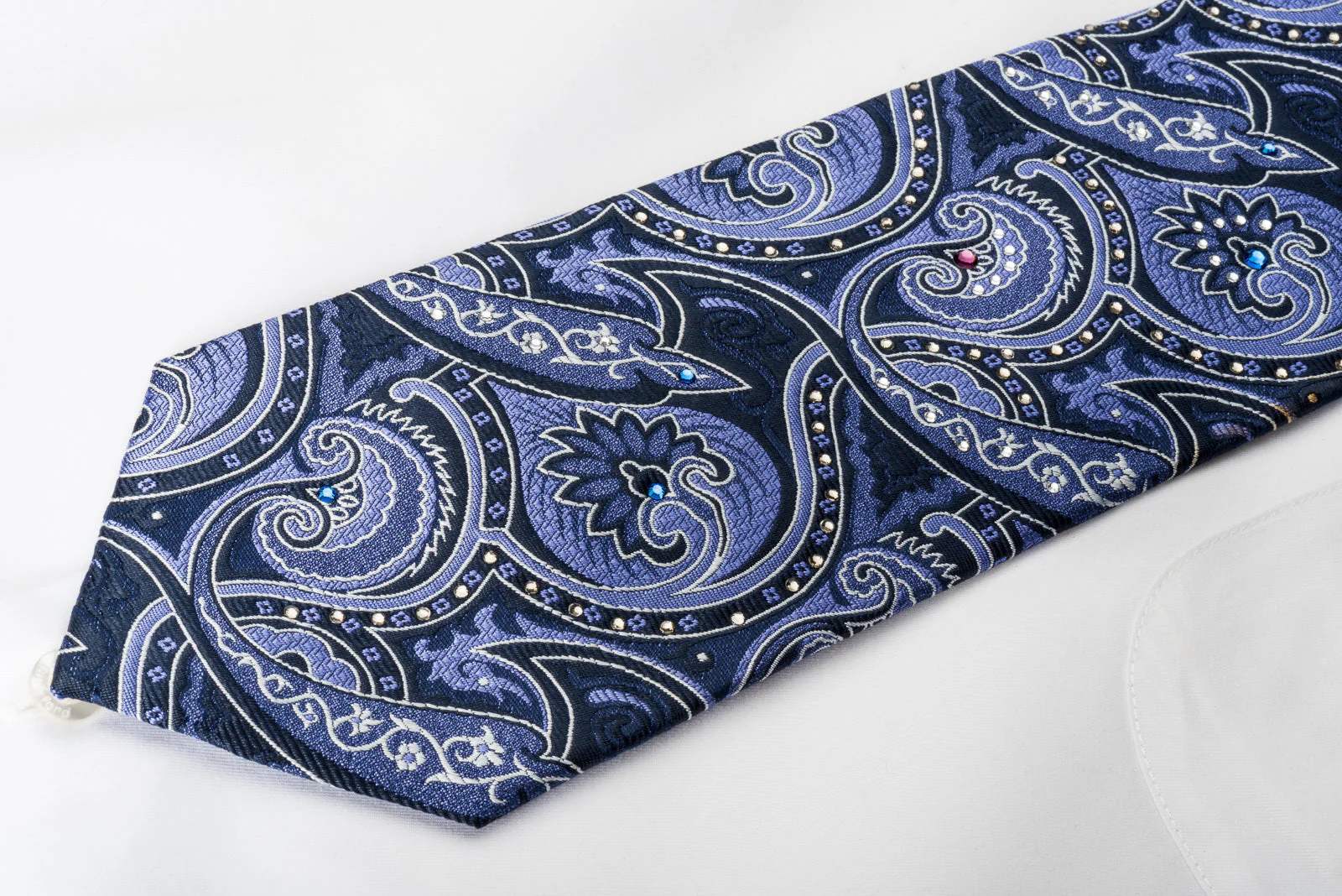 Smalto Silk Necktie Paisley Anthemion On Blue With Rhinestones - Image 4