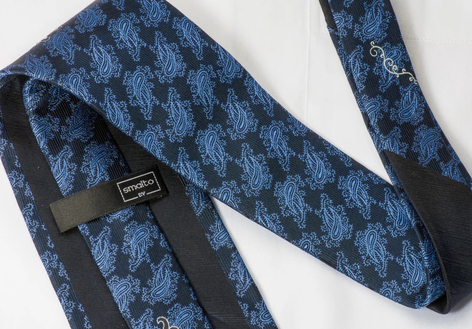 Smalto Silk Necktie Paisley Motif Design On Blue With Rhinestones - Image 2