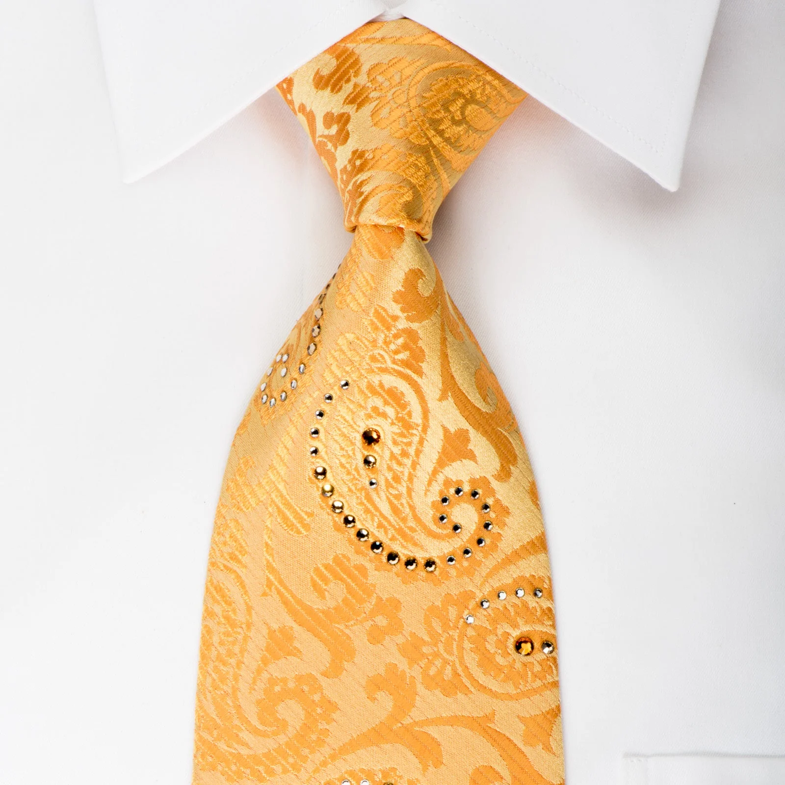 Smalto Silk Necktie Paisley On Orange With Crystal Rhinestones