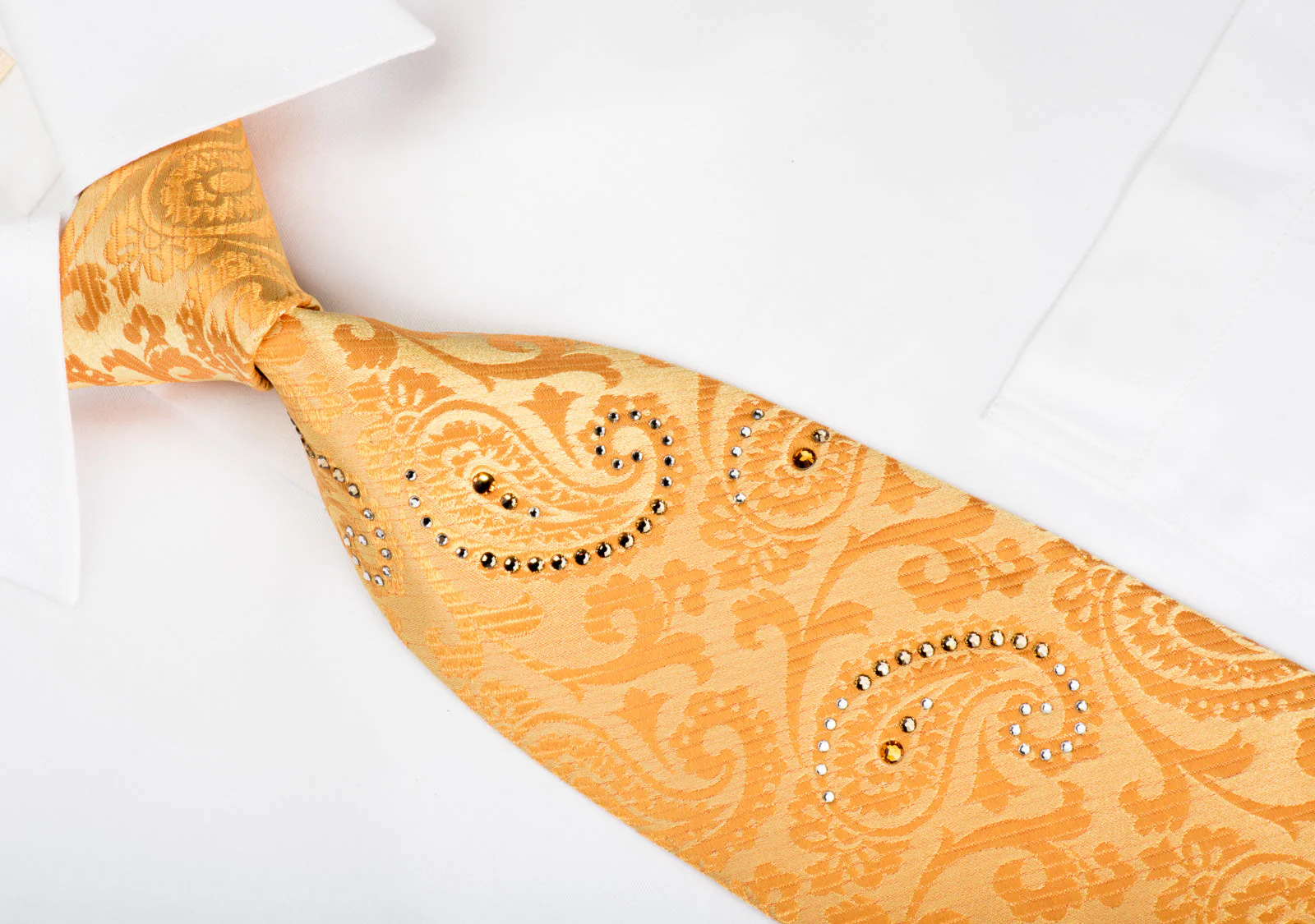 Smalto Silk Necktie Paisley On Orange With Crystal Rhinestones - Image 2