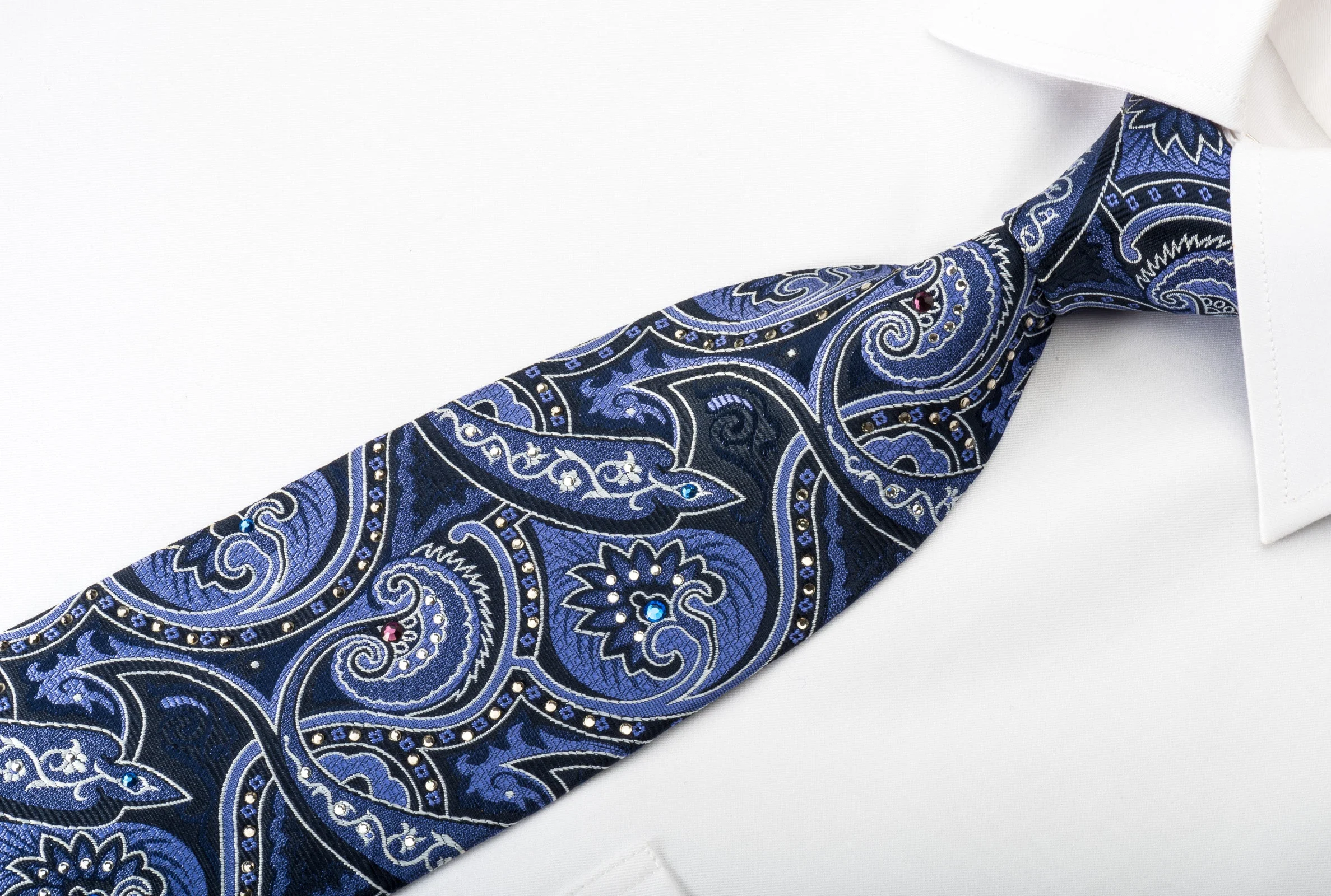 Smalto Silk Tie Paisley On Blue Woven Silk With Crystal Rhinestones - Image 6
