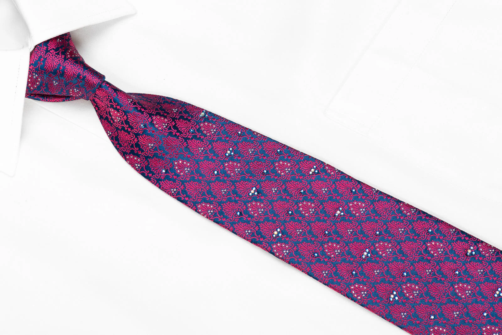 Solus Mens Crystal Silk Necktie Pink Anthemion On Blue With Silver Sparkles - Image 2