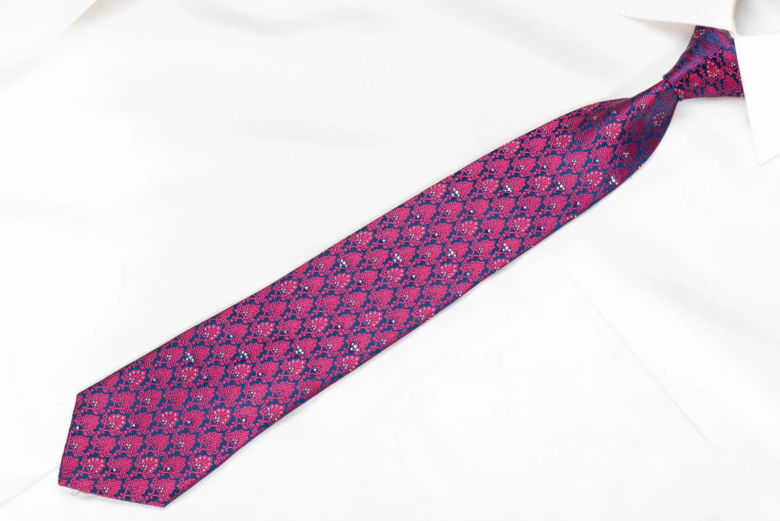 Solus Mens Crystal Silk Necktie Pink Anthemion On Blue With Silver Sparkles - Image 3