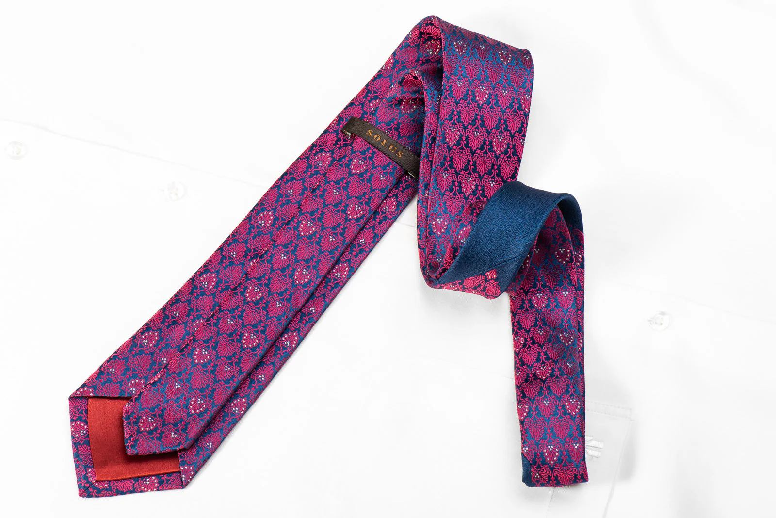 Solus Mens Crystal Silk Necktie Pink Anthemion On Blue With Silver Sparkles - Image 5