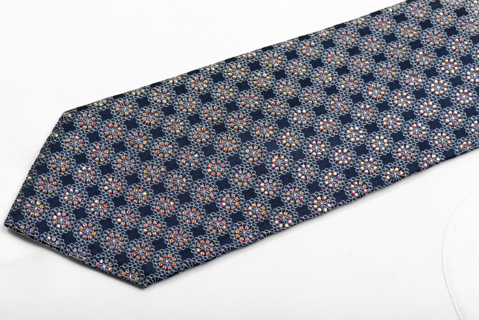 Sparkling Rhinestone Silk Necktie Silver Ornate On Navy With Sparkles - Image 3