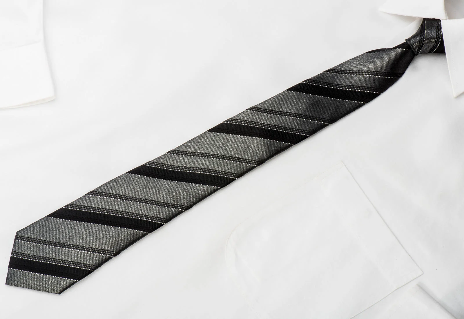 STCO Men's Silk Skinny Tie Black Silver Stripes On Gray - Image 3