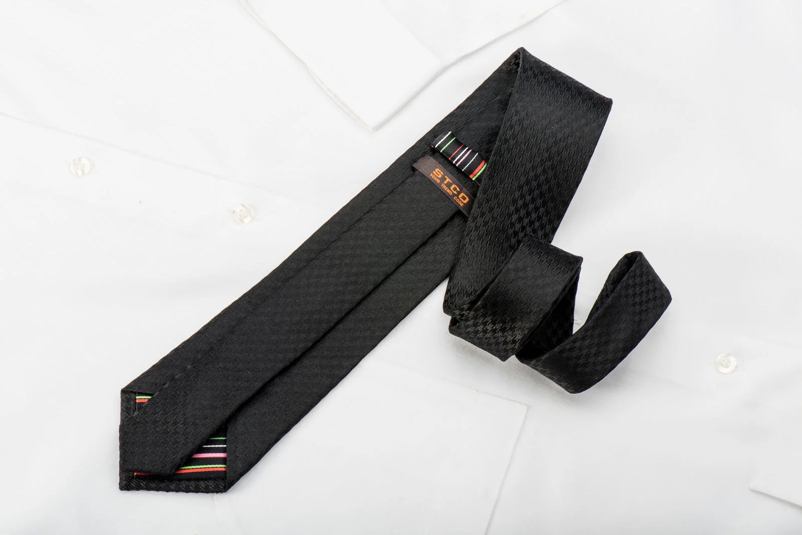 STCO Men's Solid Black Silk Skinny Necktie Jacquard Woven Hounds Tooth - Image 4