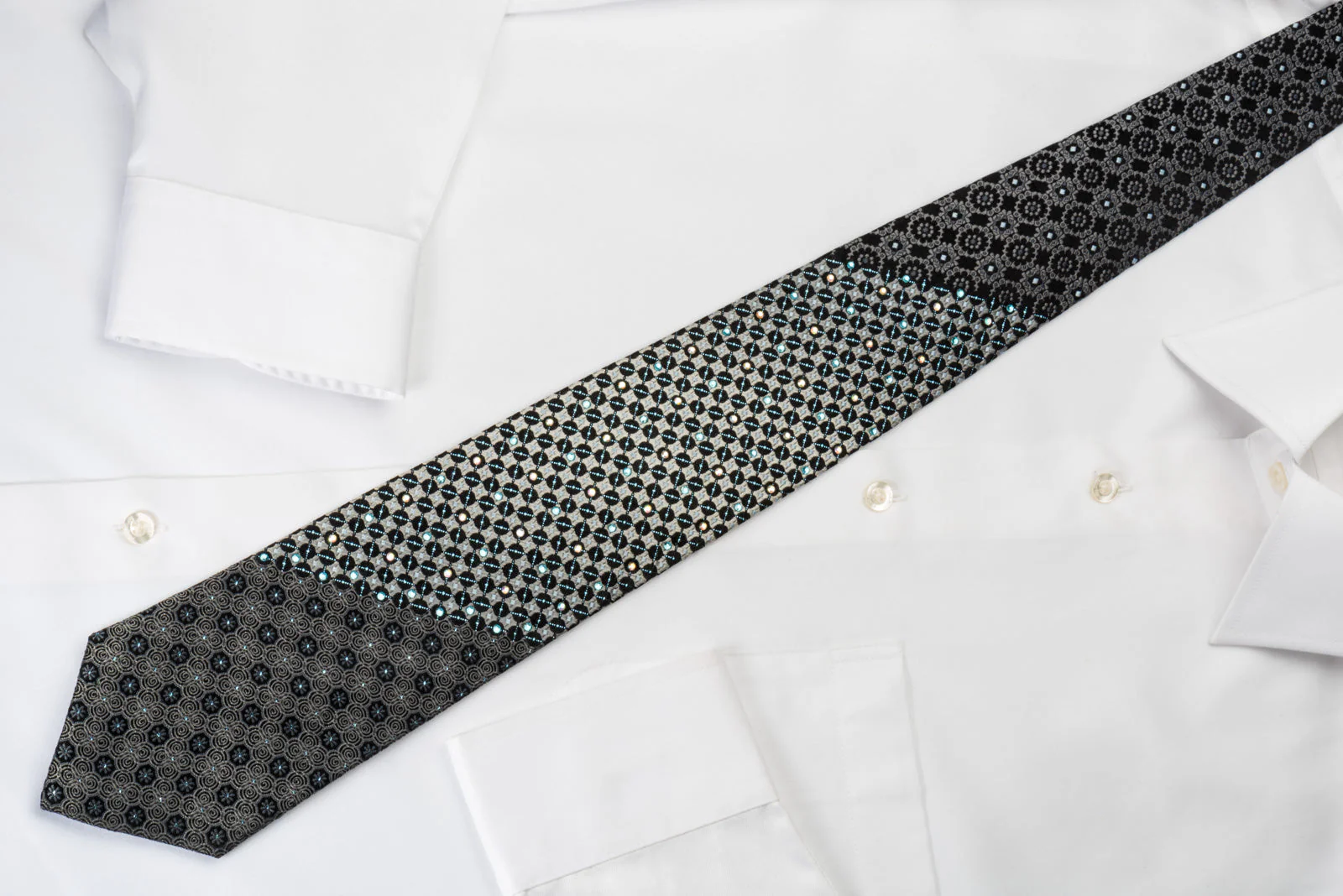 Steve Rino Silk Rhinestone Necktie Silver Geometric On Black With Silver Sparkles - Image 2