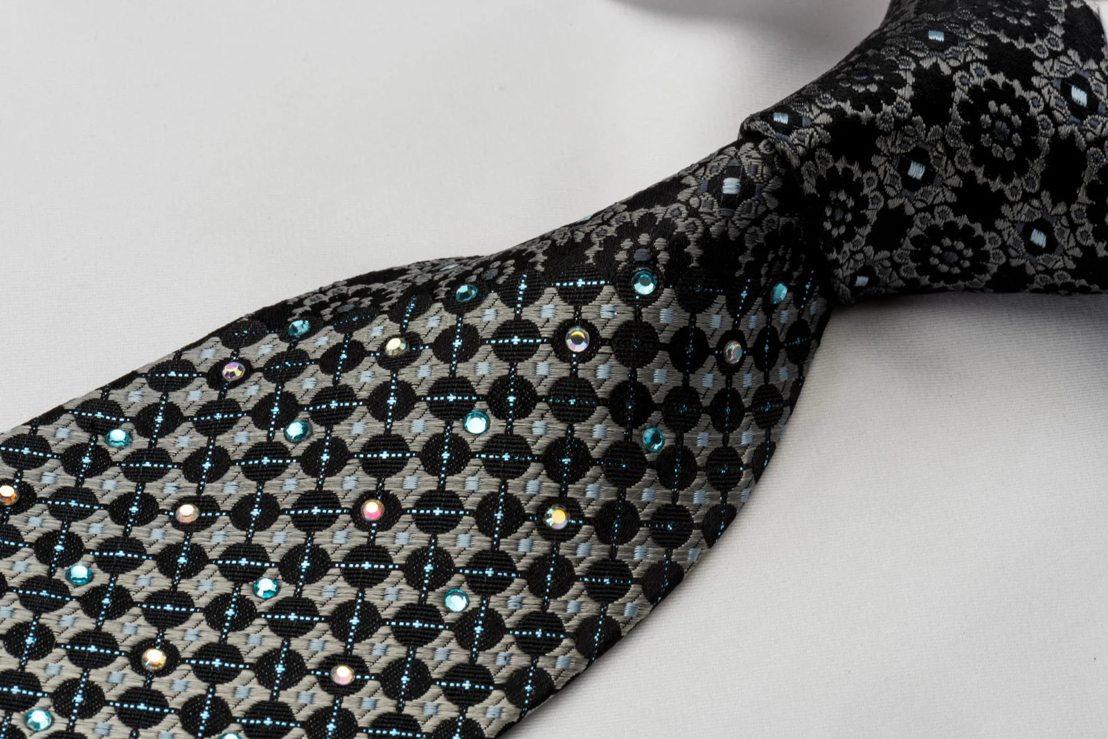 Steve Rino Silk Rhinestone Necktie Silver Geometric On Black With Silver Sparkles - Image 5