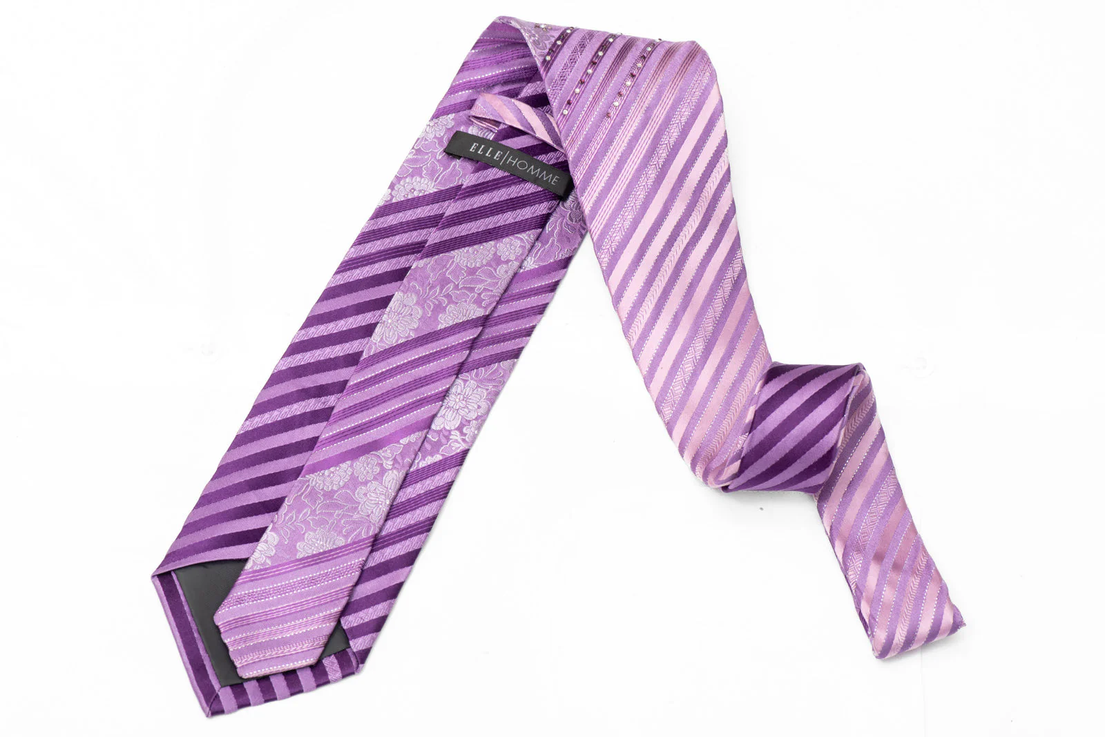 Striped & Floral On Purple Rhinestone Silk Tie With Silver Sparkles - Image 3