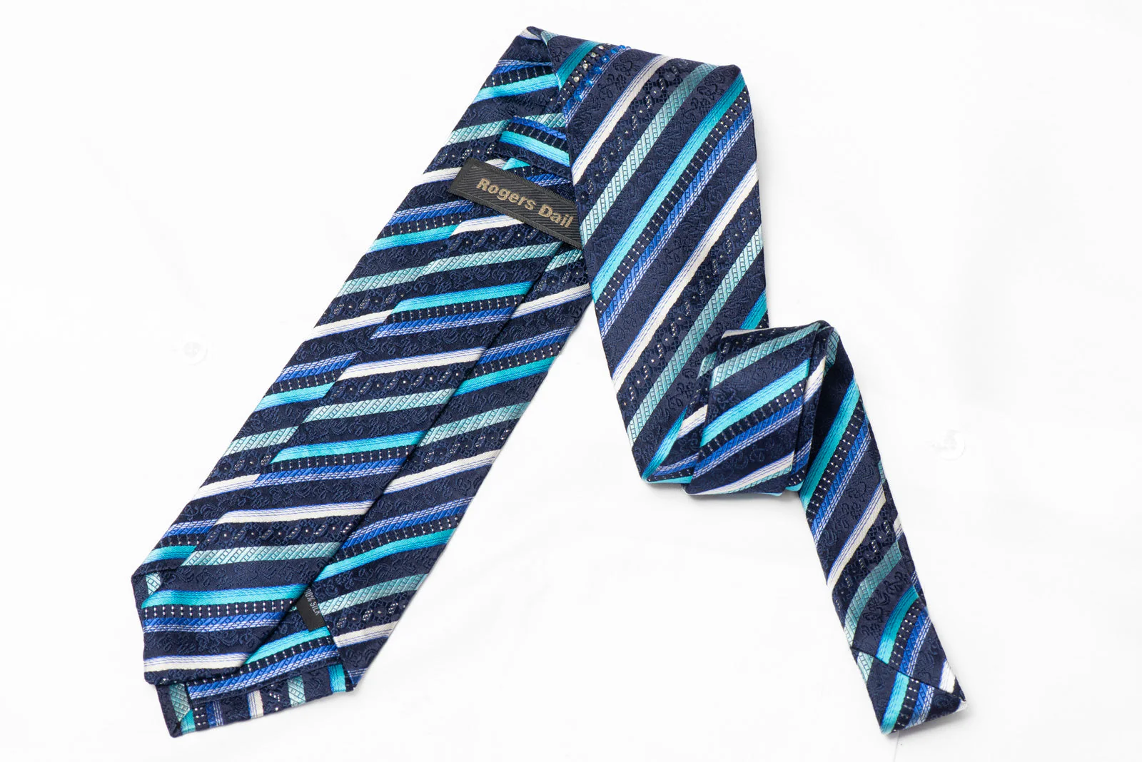 Striped On Navy Rhinestone Silk Necktie With Silver Sparkles - Image 3