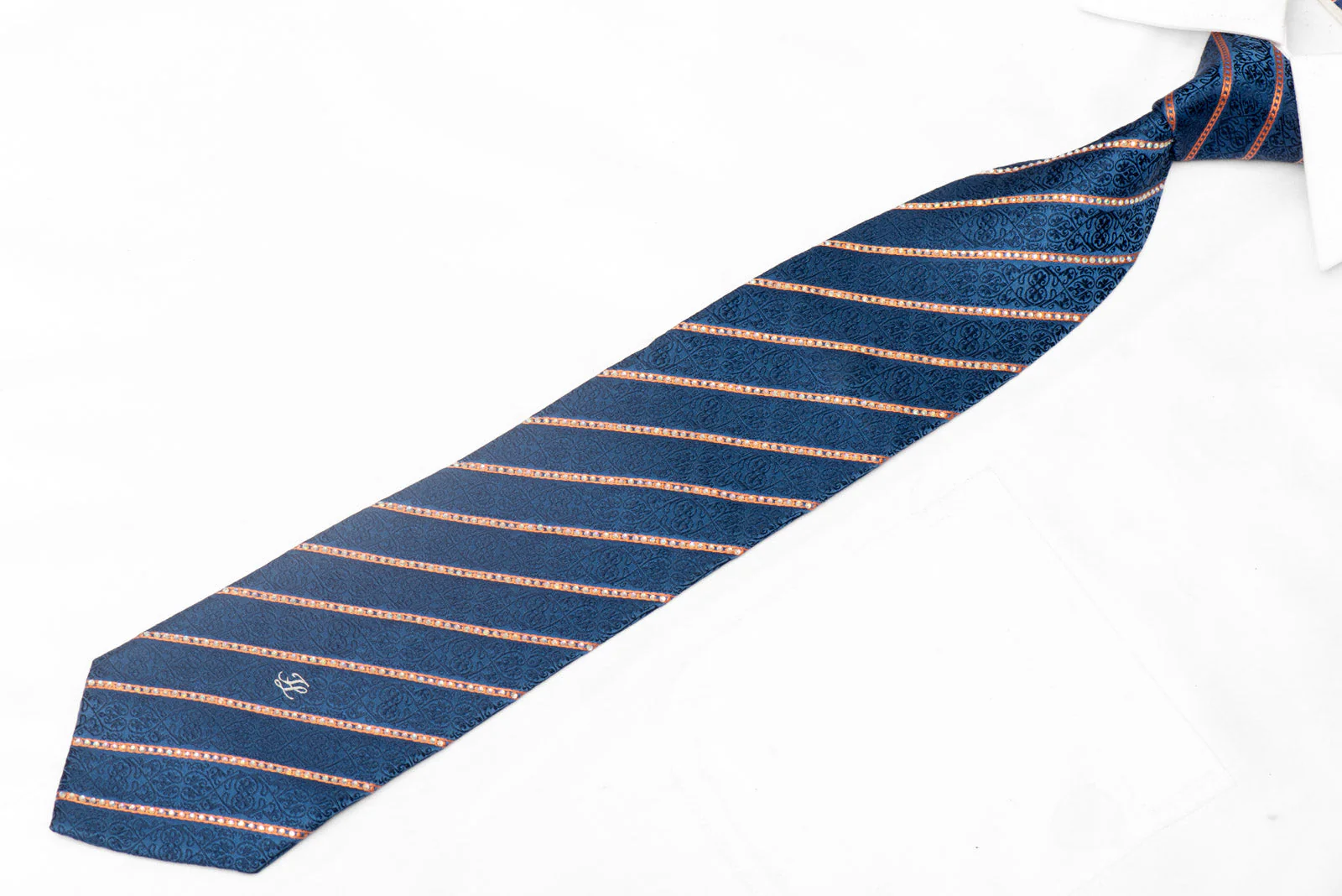 Striped Rhinestones On Blue Mens Silk Tie - Image 2