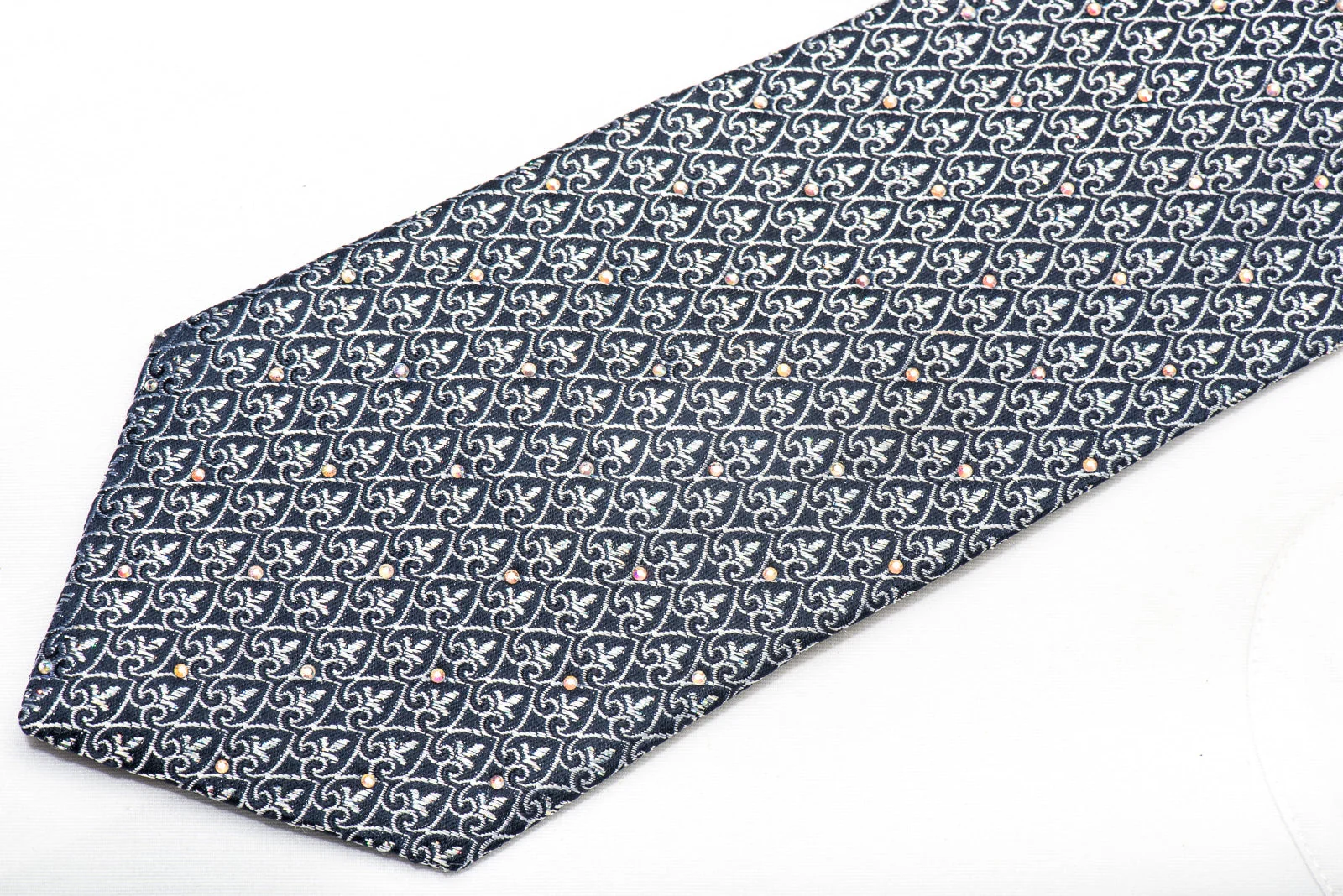 Style Members Men's Rhinestone Silk Tie Silver Cartouche On Navy Rhinestone Necktie - Image 2