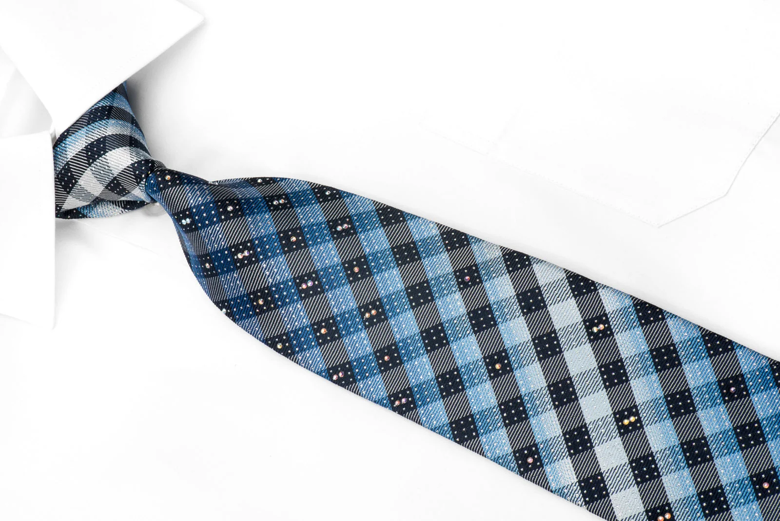 Style Members Men's Silk Rhinestone Tie Blue Plaids With Silver Sparkles - Image 3