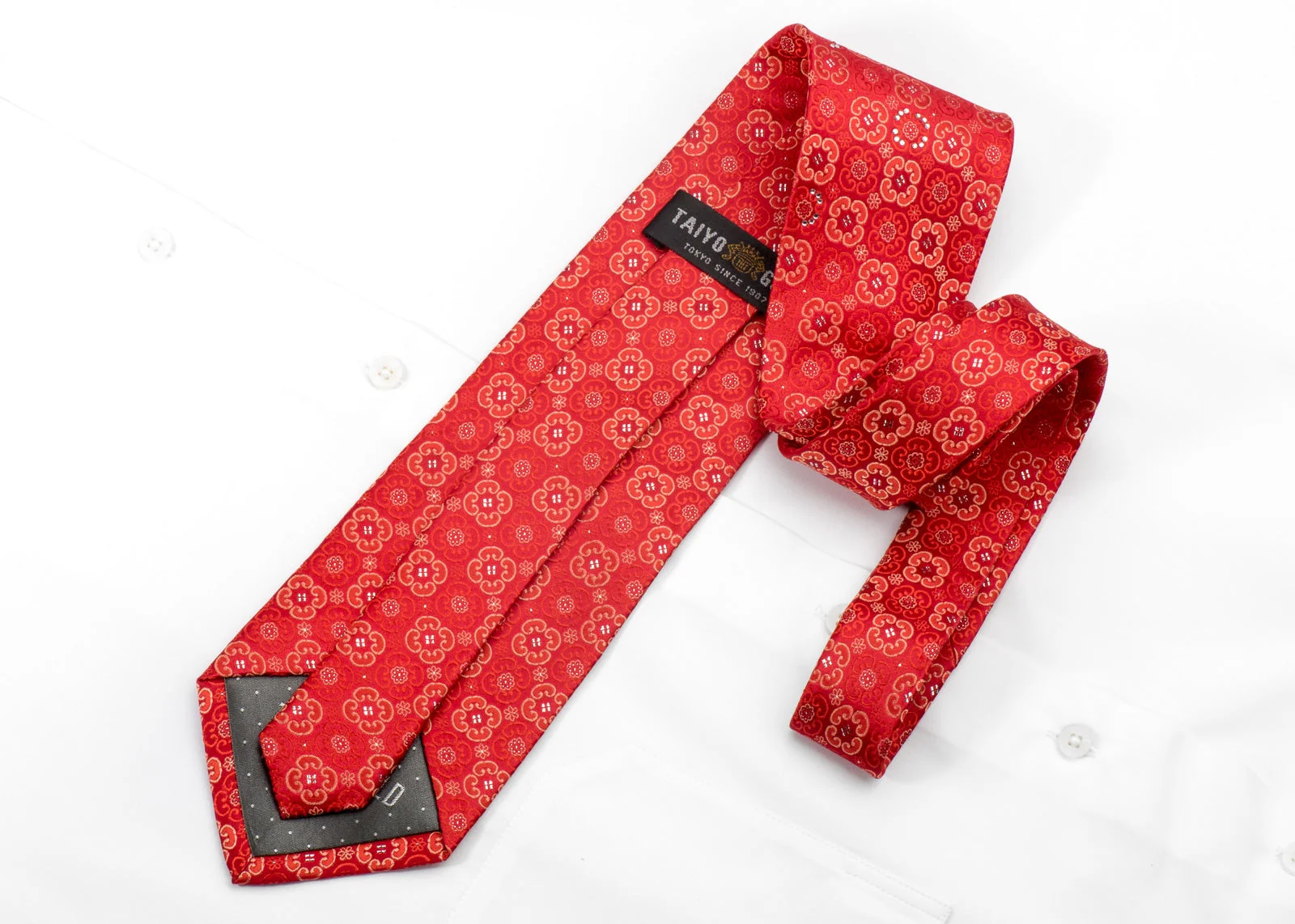 Taiyo Gold Mens Rhinestone Silk Necktie Foulard On Red With Silver Sparkles - Image 4