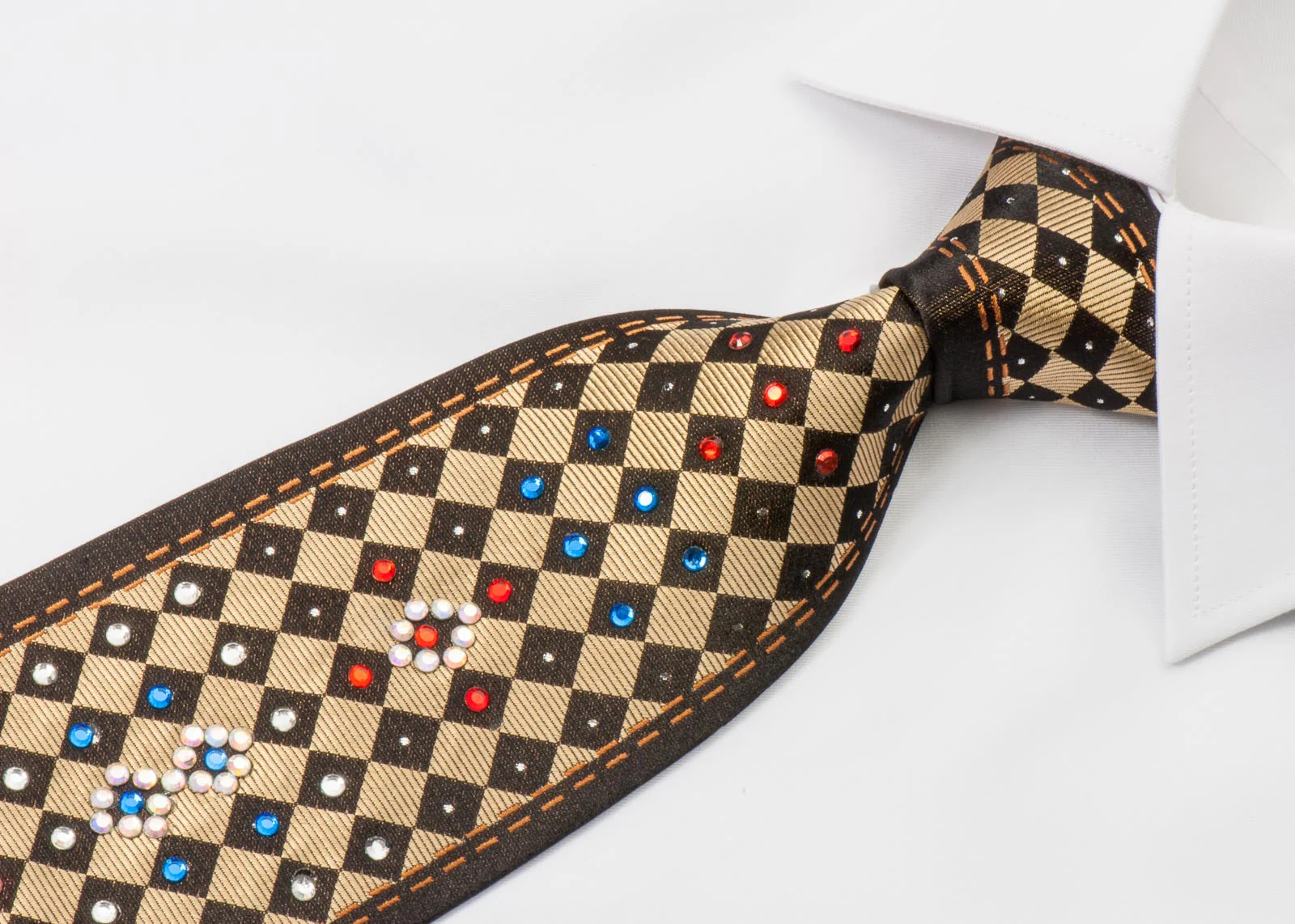 Taiyo Gold Mens Silk Rhinestone Tie Gold Checker Design On Brown With Silver Sparkles