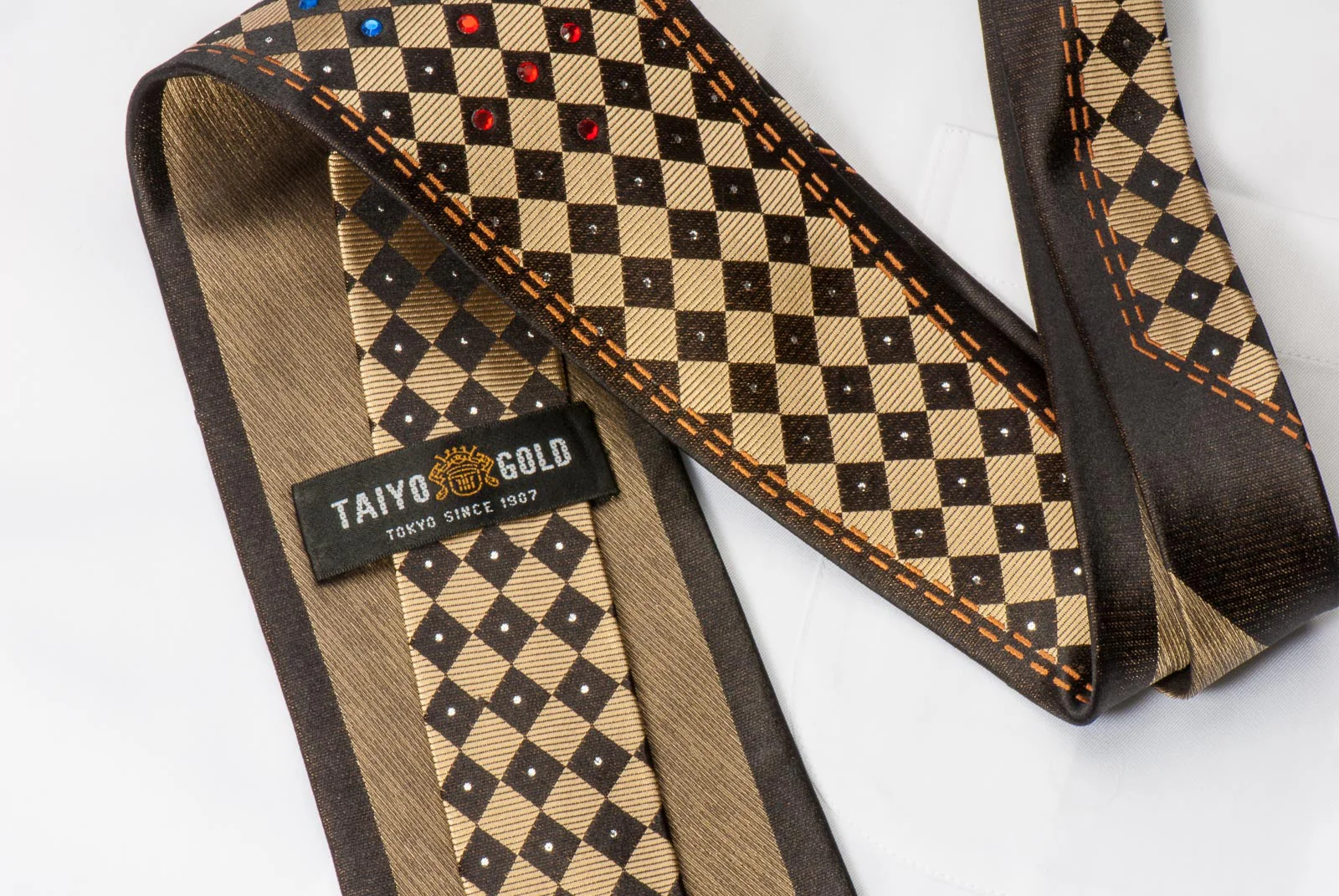 Taiyo Gold Mens Silk Rhinestone Tie Gold Checker Design On Brown With Silver Sparkles - Image 2