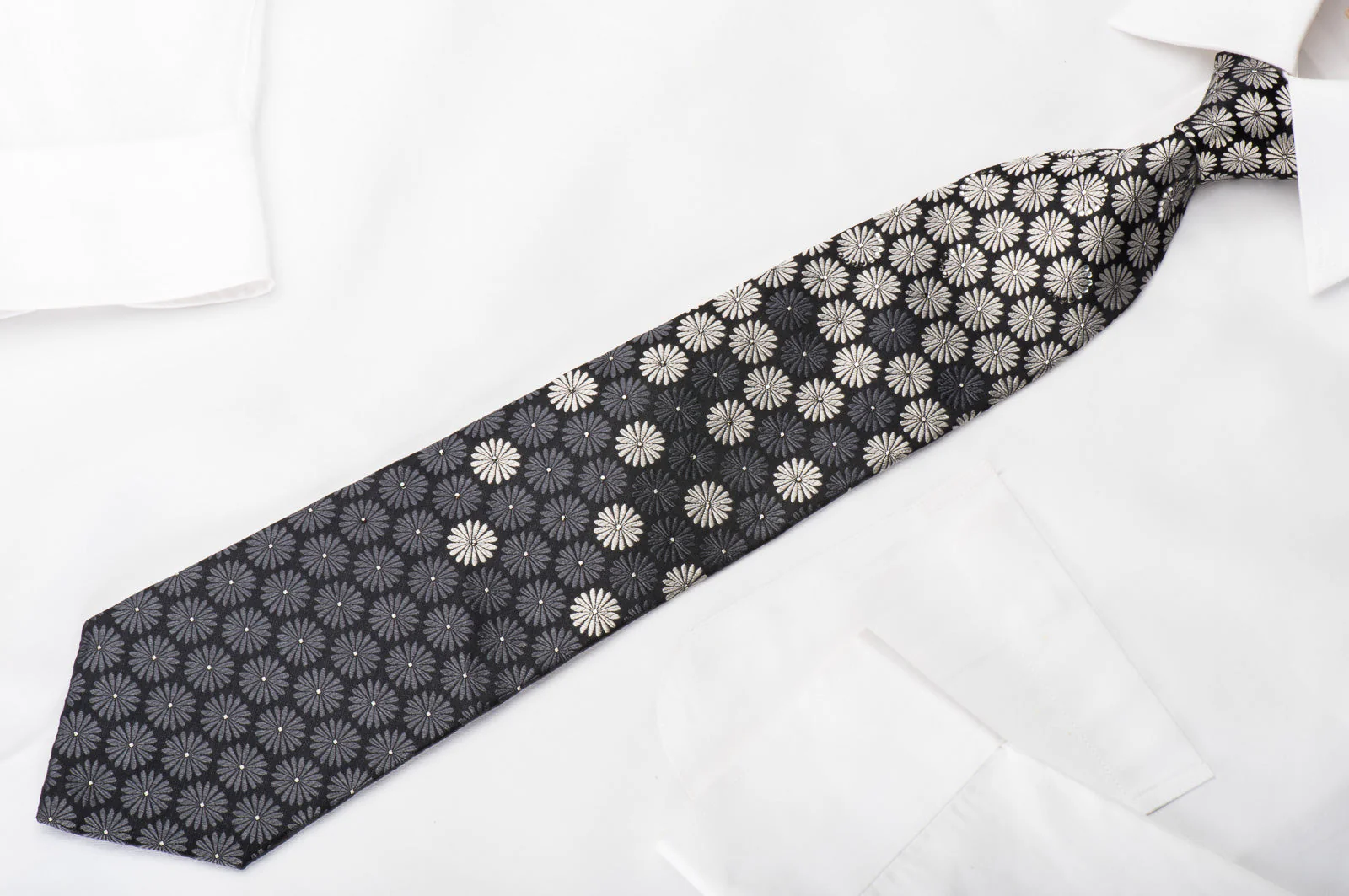Rhinestone Silk Necktie Silver Floral On Black With Silver Sparkles - Image 5
