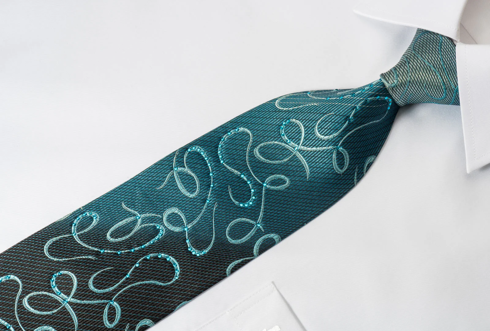 Taiyo Gold Silk Rhinestone Necktie Scrolls On Blue - Image 3