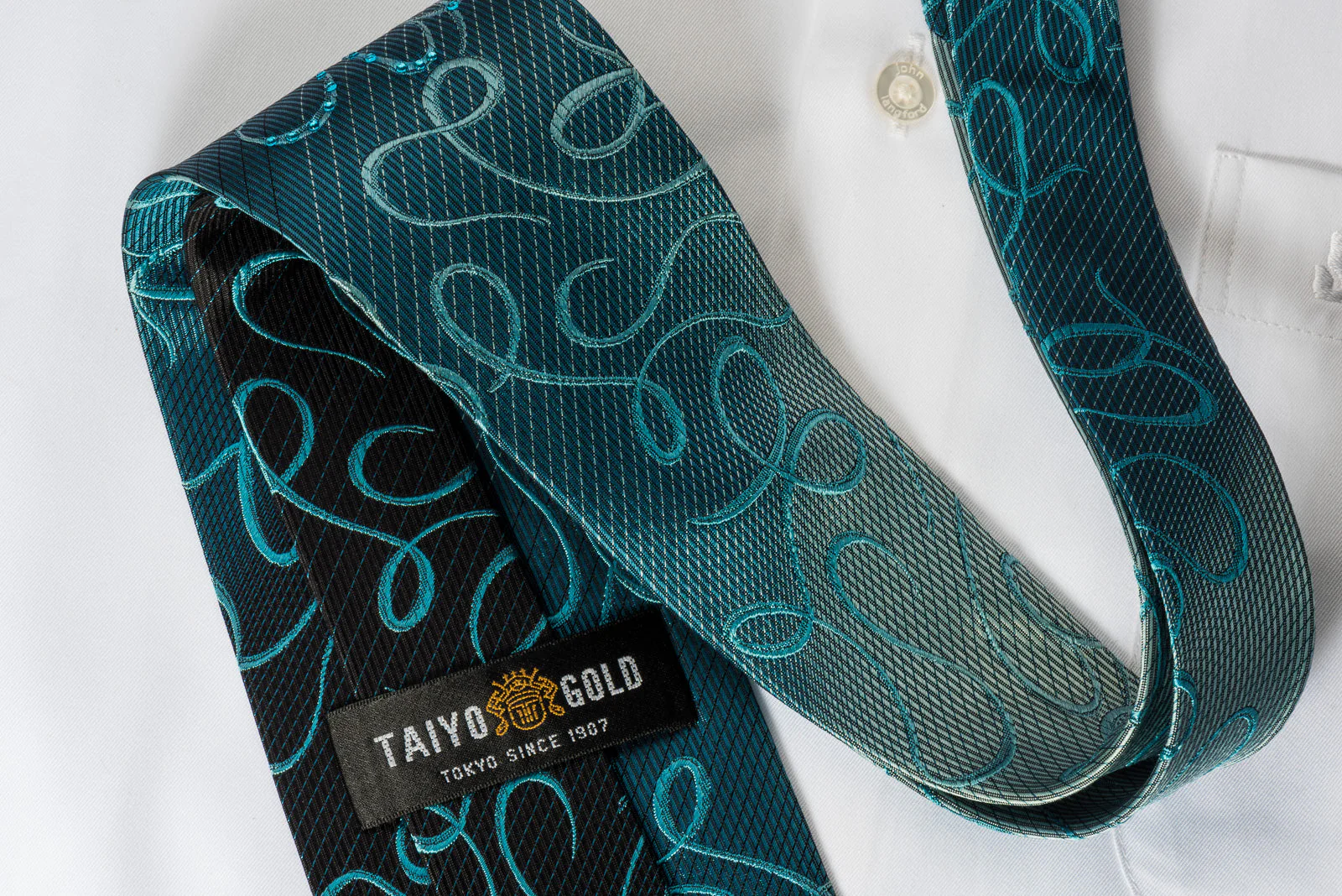 Taiyo Gold Silk Rhinestone Necktie Scrolls On Blue - Image 5