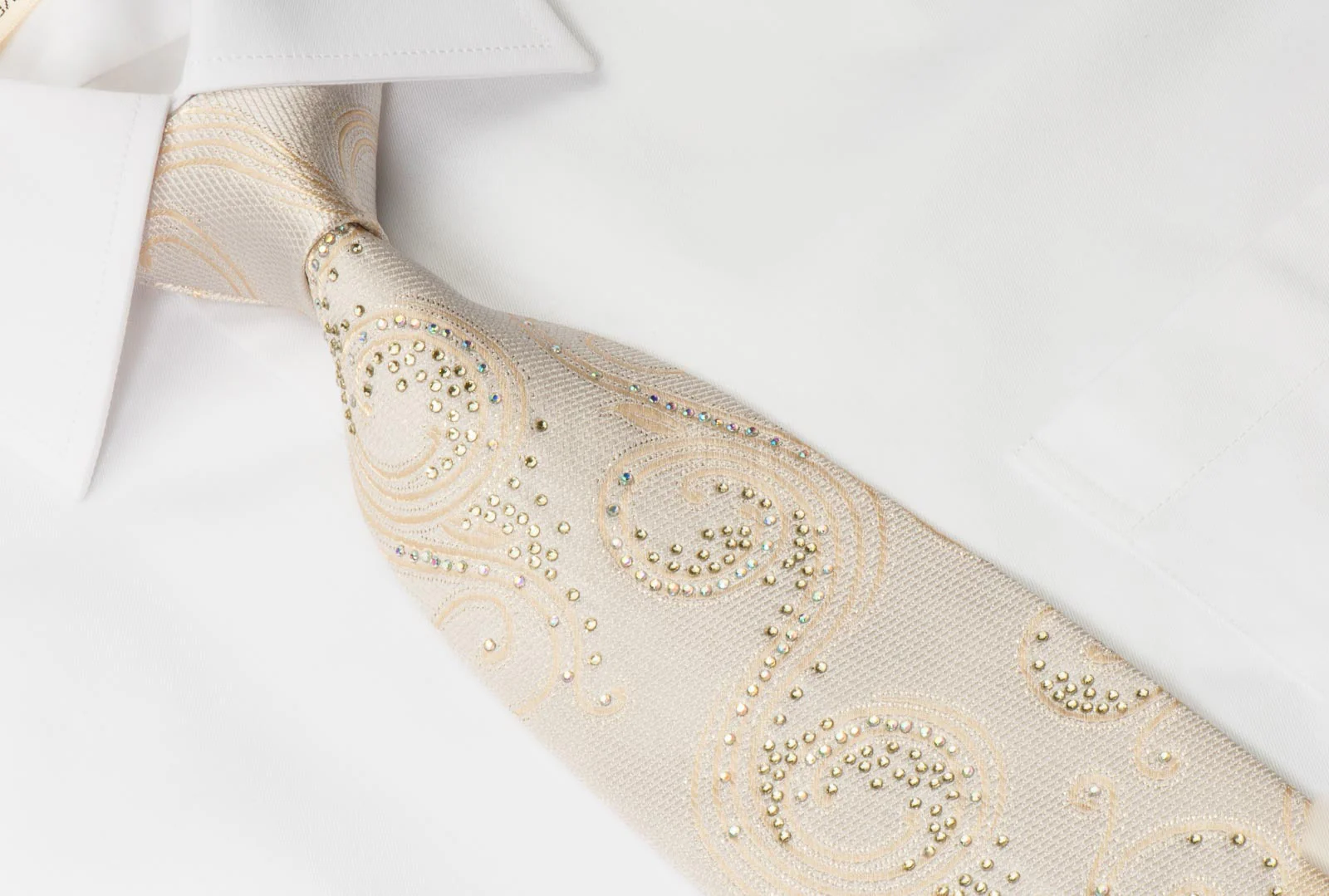 Taiyo Men's Silk Neck Tie Scrolls On Cream With White Crystal Rhinestones