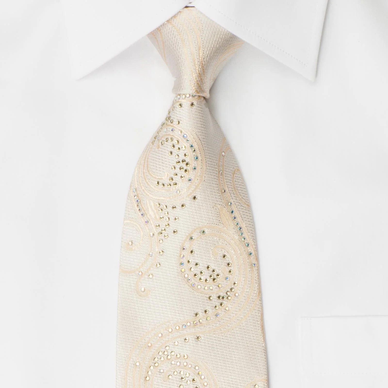 Taiyo Men's Silk Neck Tie Scrolls On Cream With White Crystal Rhinestones - Image 4