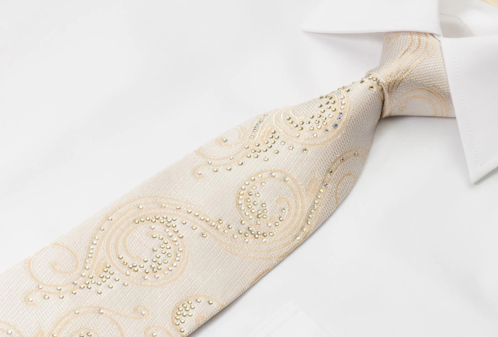 Taiyo Men's Silk Neck Tie Scrolls On Cream With White Crystal Rhinestones - Image 5