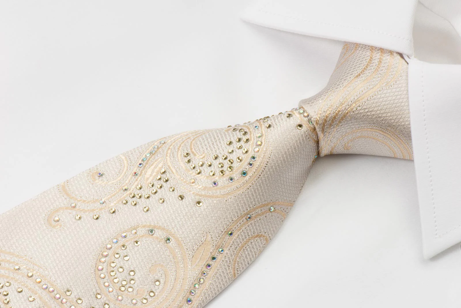 Taiyo Men's Silk Neck Tie Scrolls On Cream With White Crystal Rhinestones - Image 7