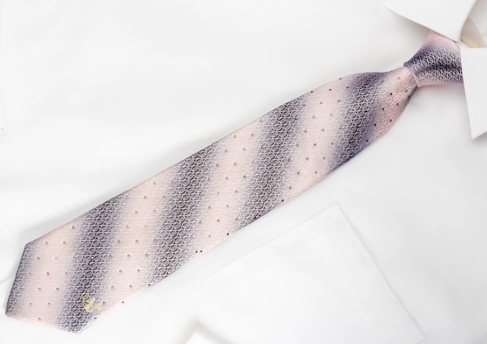Taiyo Men's Silk Necktie Geometric Circles On Silver Pink With Rhinestones - Image 2