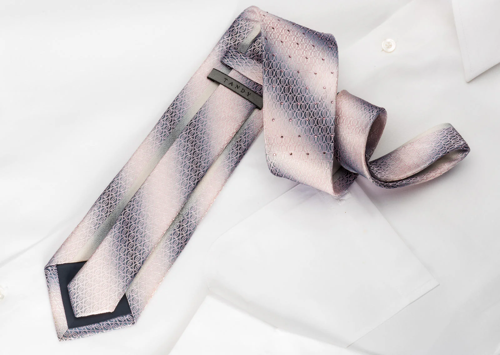 Taiyo Men's Silk Necktie Geometric Circles On Silver Pink With Rhinestones - Image 4