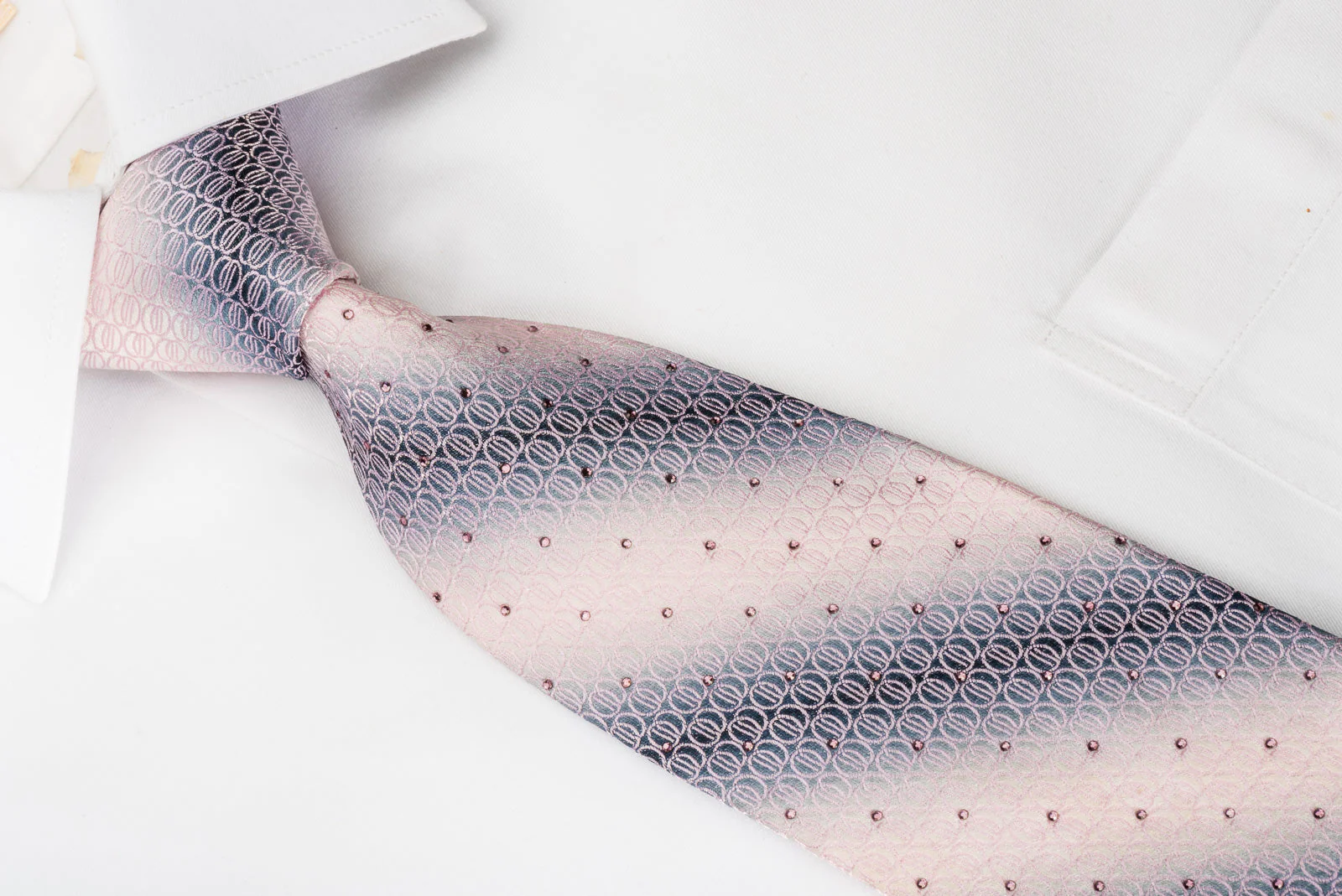 Taiyo Men's Silk Necktie Geometric Circles On Silver Pink With Rhinestones - Image 5