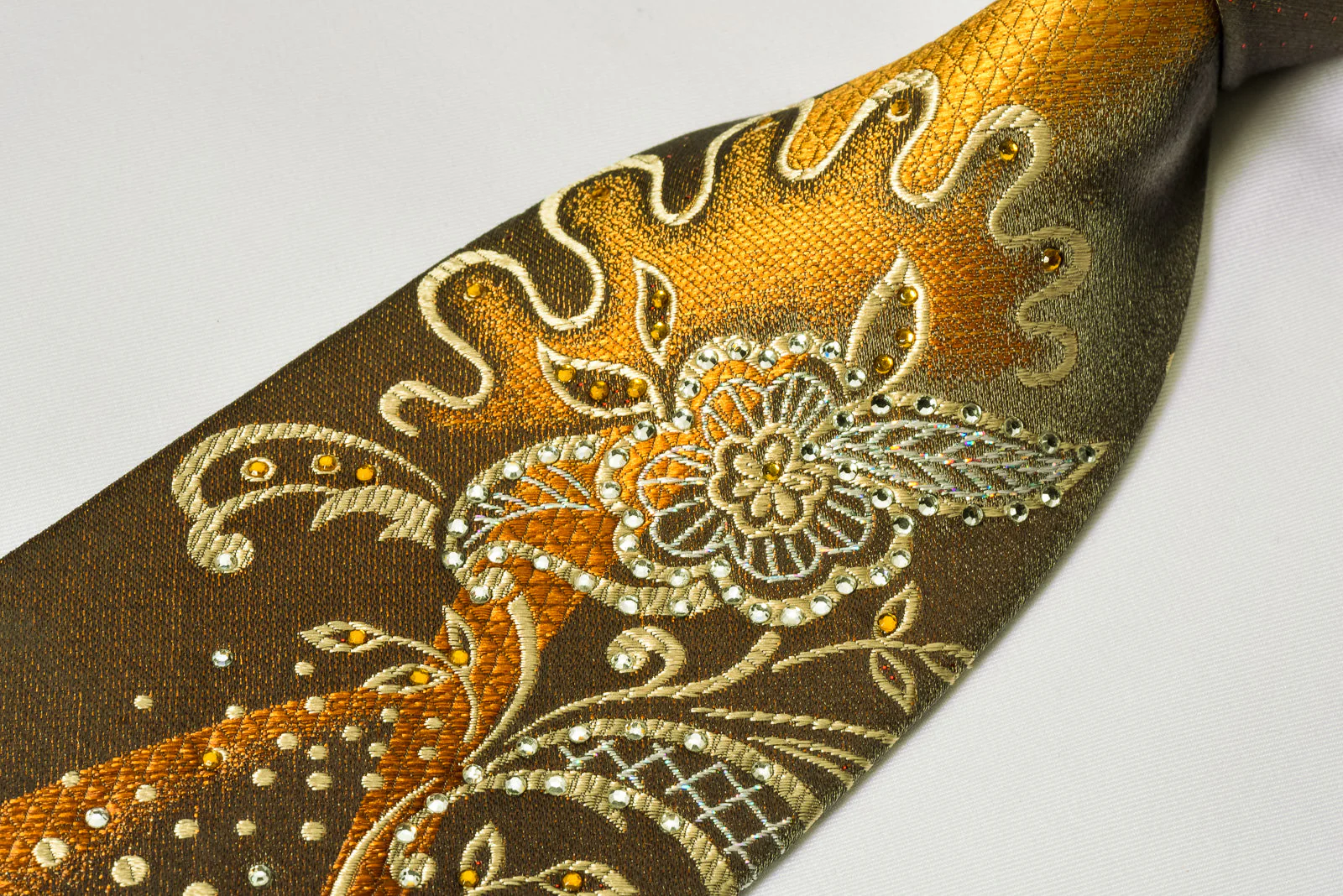 Taiyo Rhinestone Necktie Golden Floral On Brown With Silver Sparkles - Image 3