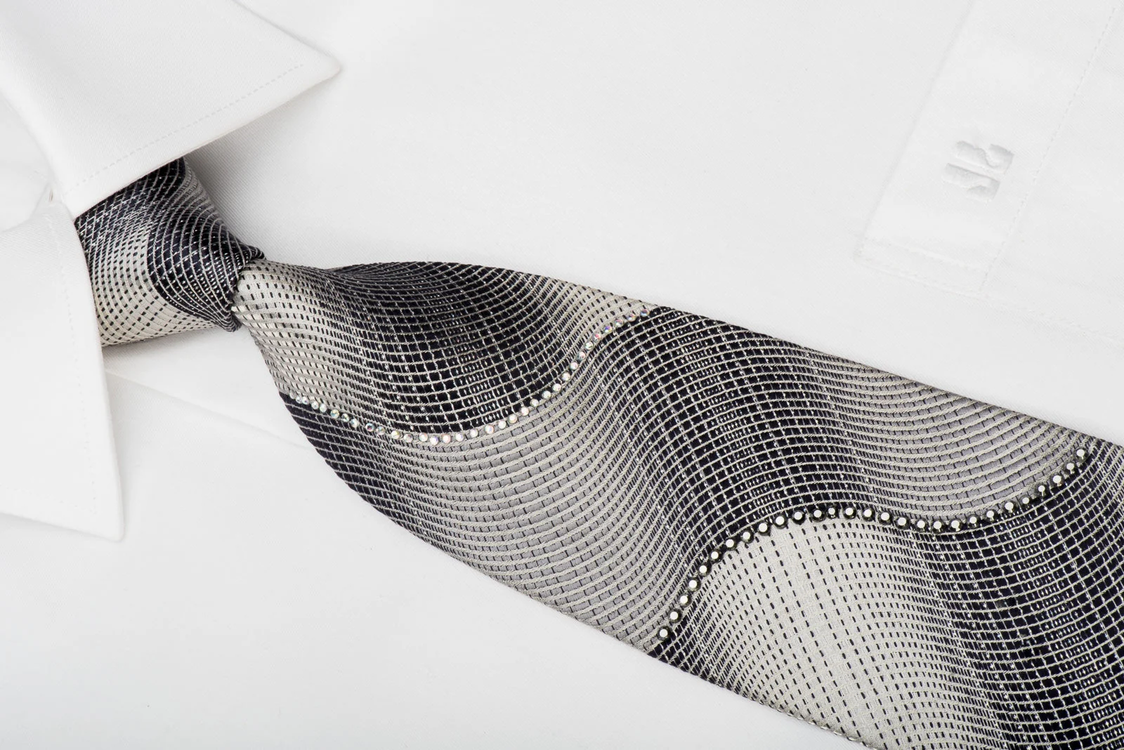 Taiyo Rhinestone Tie Black Silver Waves With Silver Sparkles - Image 2