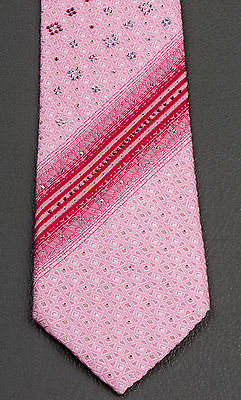 Taiyo Silk Neck Tie Red Stripes In Pink With Lattice Pattern & Rhinestones - Image 10