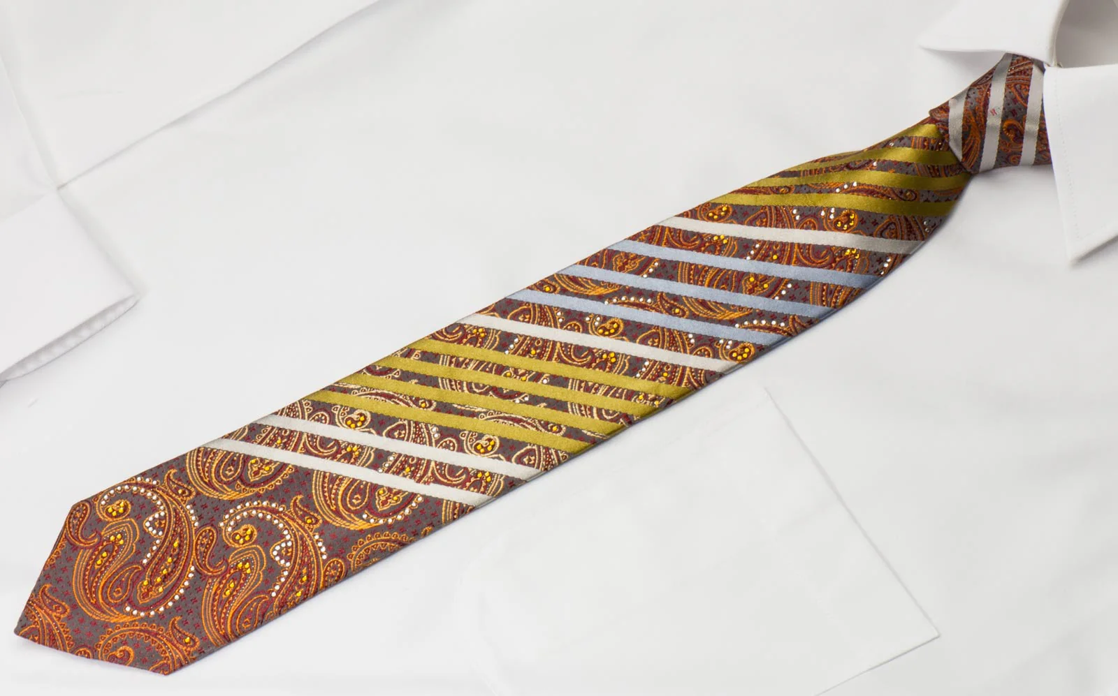 Taiyo Silk Necktie Stripes & Paisley On Gray With Rhinestones & Silver Sparkles - Image 3