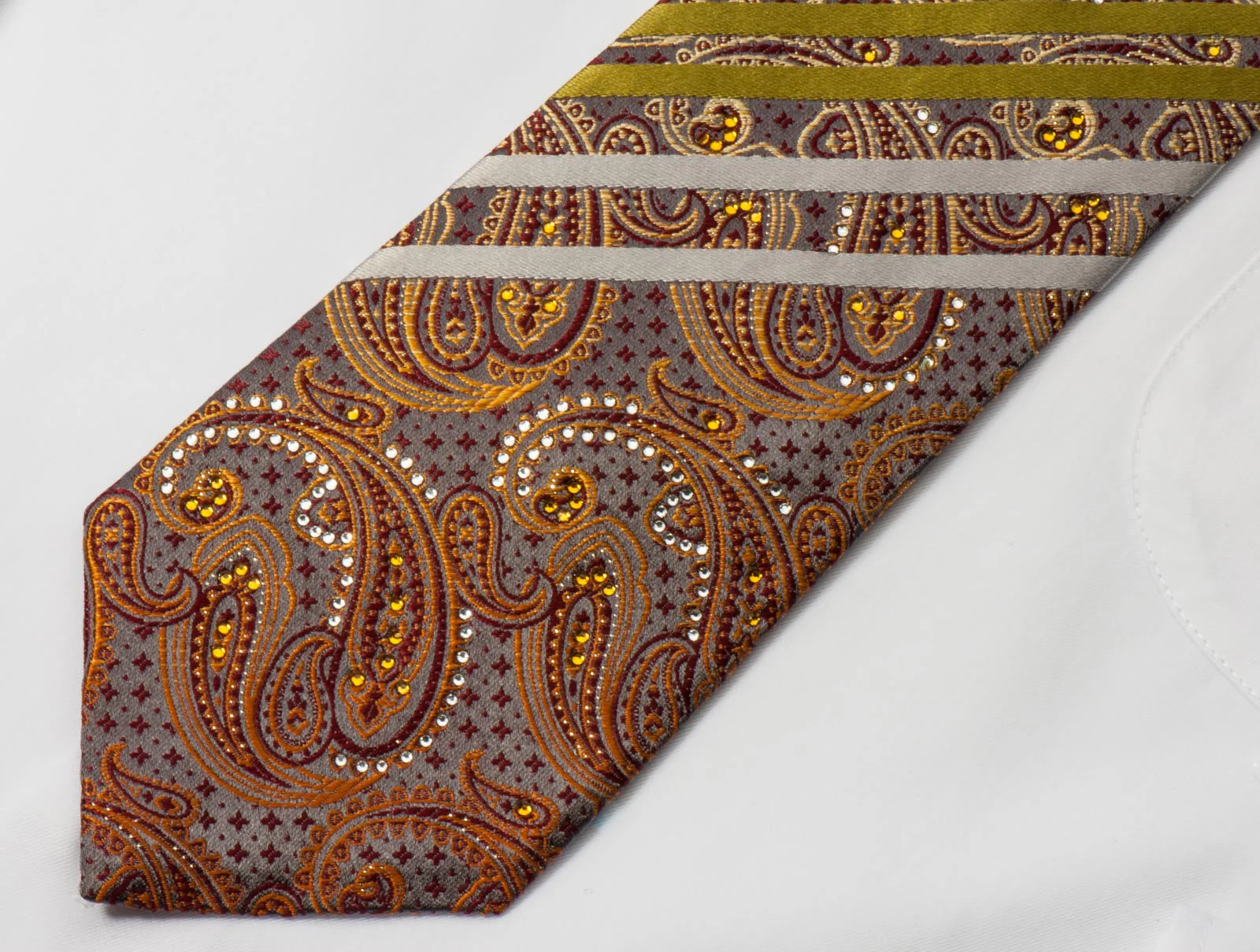 Taiyo Silk Necktie Stripes & Paisley On Gray With Rhinestones & Silver Sparkles - Image 4