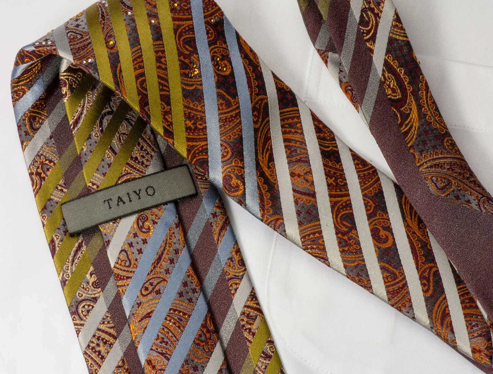 Taiyo Silk Necktie Stripes & Paisley On Gray With Rhinestones & Silver Sparkles - Image 5