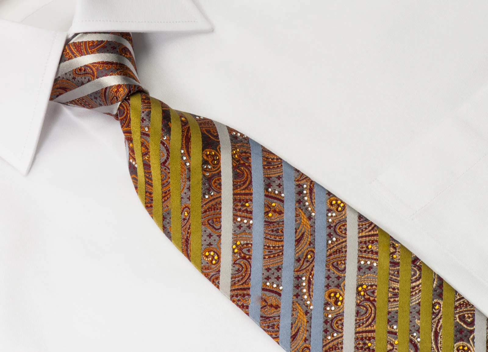 Taiyo Silk Necktie Stripes & Paisley On Gray With Rhinestones & Silver Sparkles - Image 6