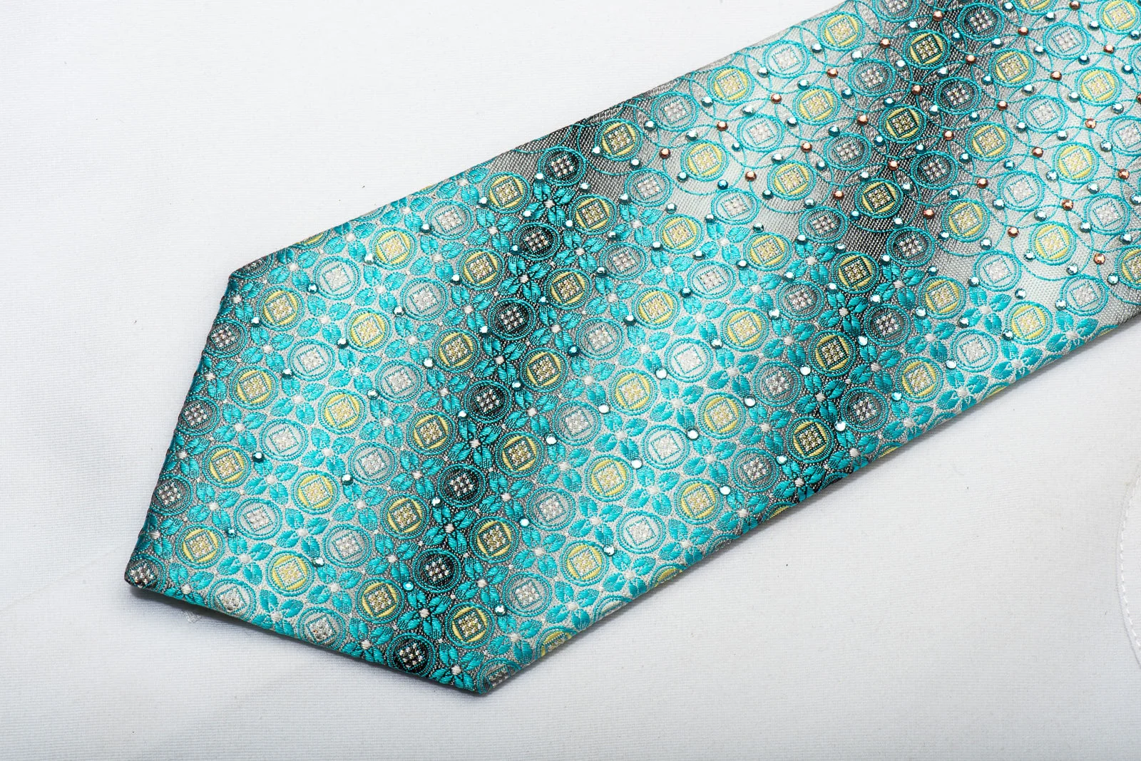 Tallgent Men's Rhinestone Silk Tie Turqoise Geometric On Silver With Silver Sparkles - Image 2