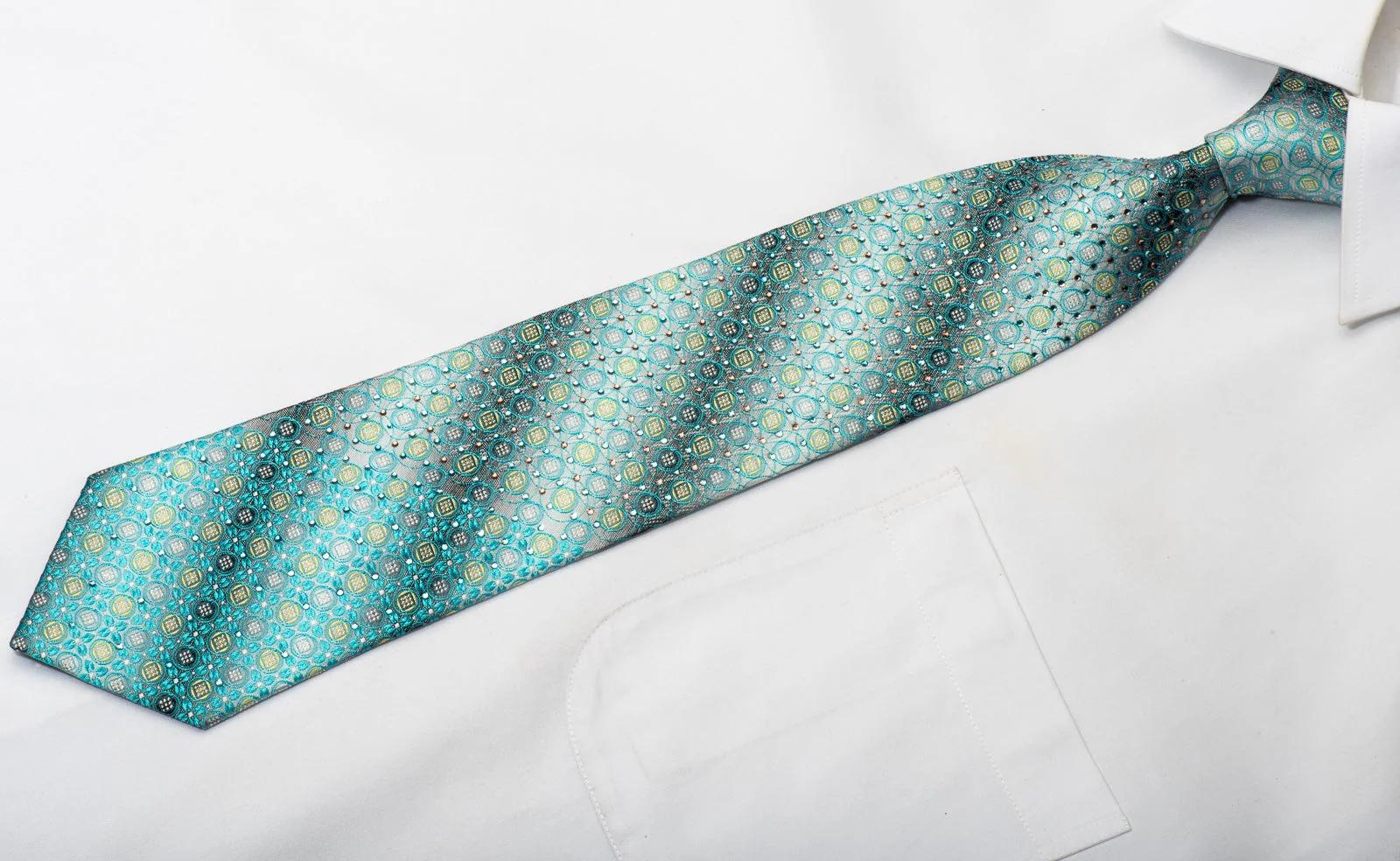 Tallgent Men's Rhinestone Silk Tie Turqoise Geometric On Silver With Silver Sparkles - Image 3