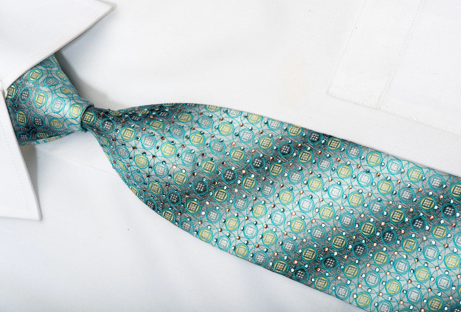 Tallgent Men's Rhinestone Silk Tie Turqoise Geometric On Silver With Silver Sparkles - Image 5